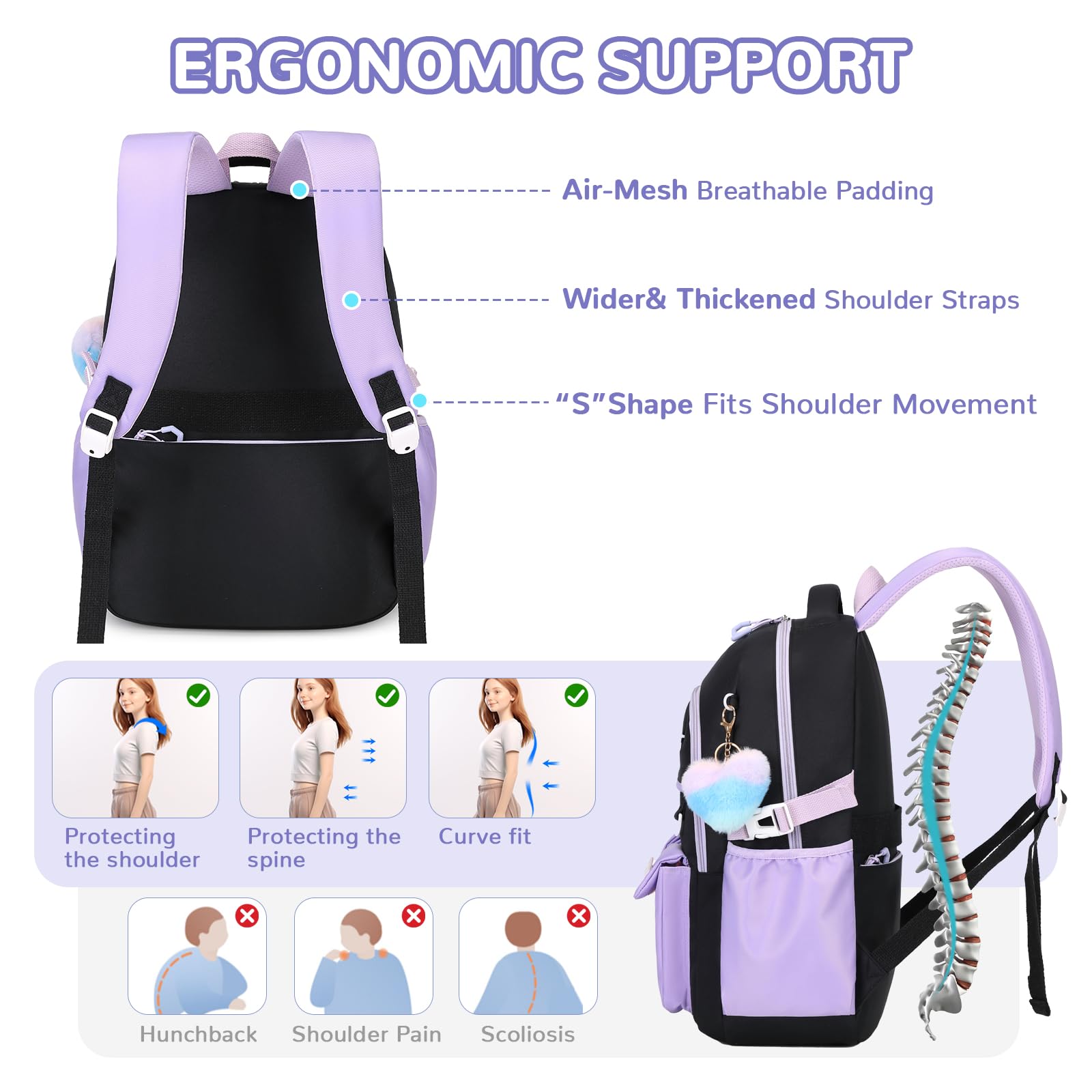 Cute Girls Backpack for School - Water Resistant Kids Bookbag with Multiple Pockets for Elementary Students Ages 6-14, Black & Purple - Perfect for Daily School Use, Travel & Outdoor Activities