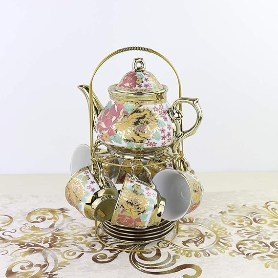 Premium 13-Piece Ceramic Tea Set with 800ML Teapot, 6 Cups (180ML Each), Saucers & Stand - Elegant Random Patterns - Perfect for Afternoon Tea, Gifts & Home Decor