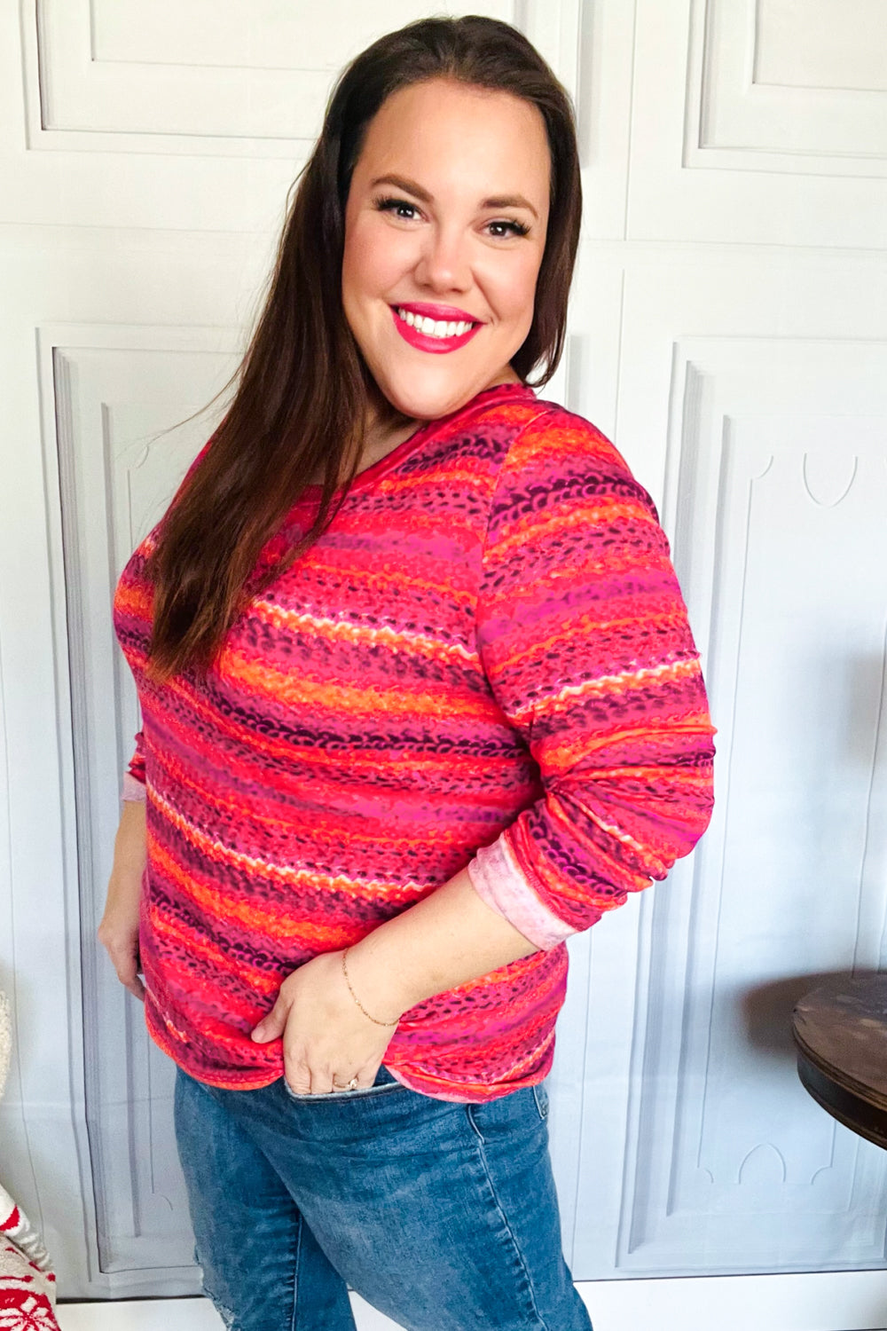 Bold Flame & Magenta Striped Cable Knit Print Hacci Top - Women's Fashion Sweater for Fall & Winter, Perfect for Casual Outfits and Holiday Parties