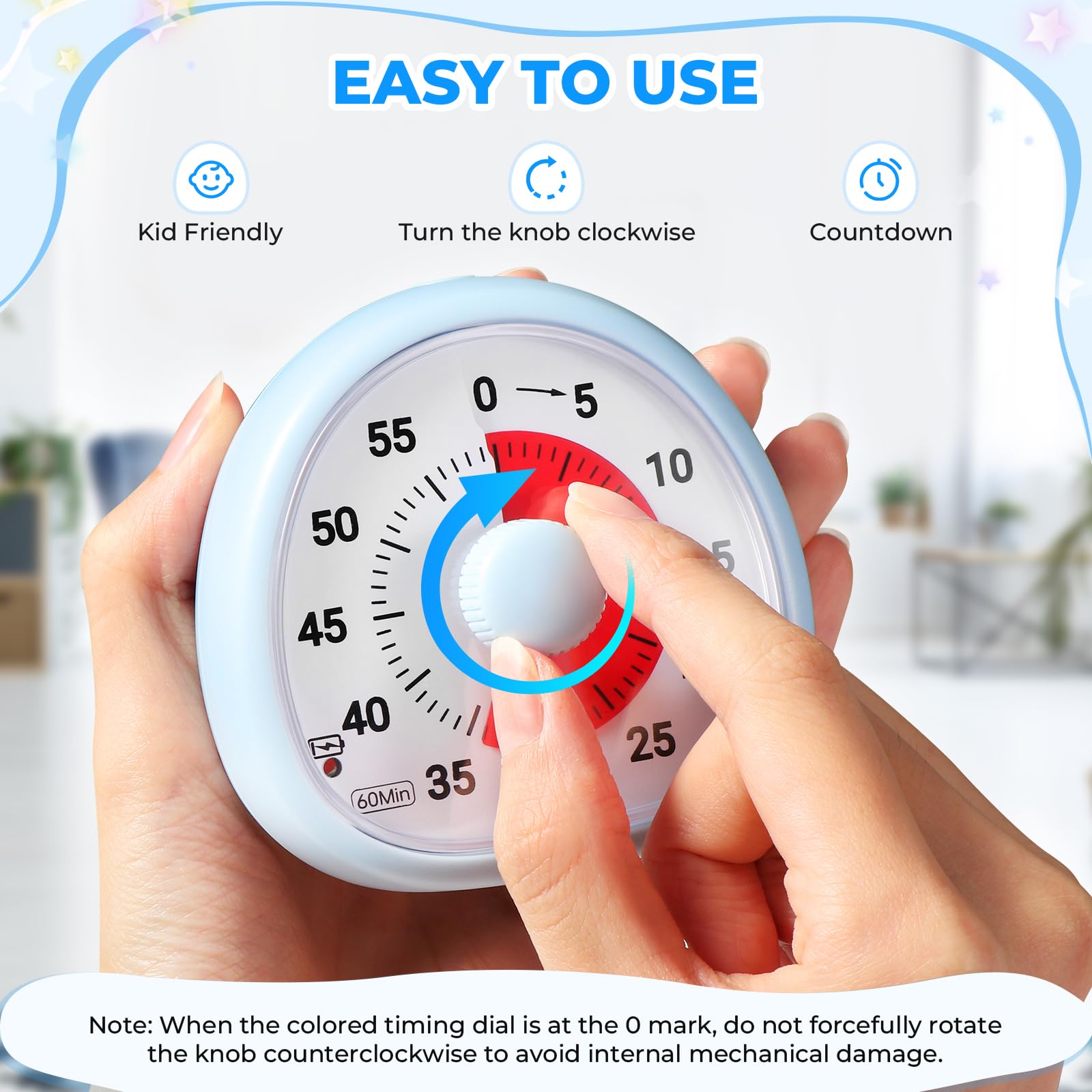Rechargeable 60-Minute Visual Timer for Kids - Silent Countdown Clock, Time Management Tool for Classroom, Kitchen, Bathroom, Homework & Study (Blue) - Perfect for Focus, Chores & Learning Activities