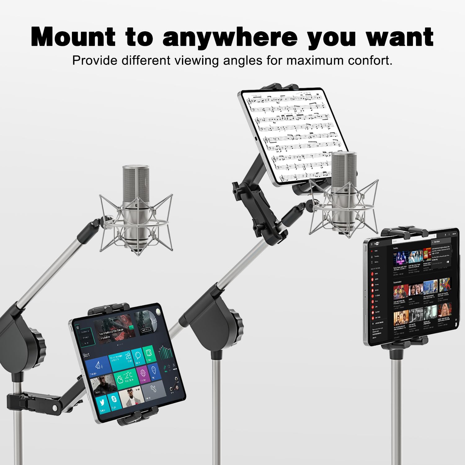 Universal Tablet Mount for Mic & Music Stands - Adjustable Phone & iPad Holder (iPad Pro/Air/Mini & All Smartphones 4.7-13.5 Inches) - Perfect for Musicians, Presenters & Online Teachers