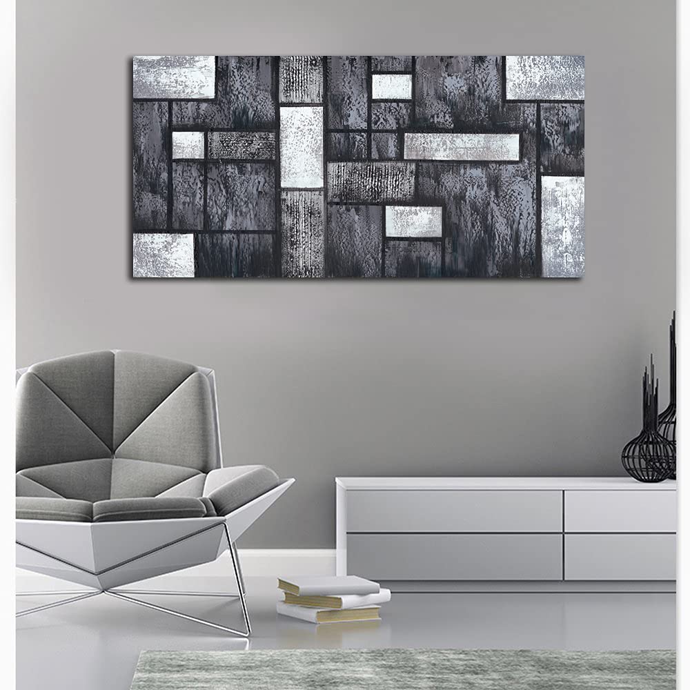 100% Hand-Painted Modern Abstract Oil Painting on Canvas - Black & White Textured Square Wall Art (60x30 Inch) Framed & Ready to Hang - Perfect for Living Room, Bedroom & Office Decor | Contemporary Home & Office Wall Decor