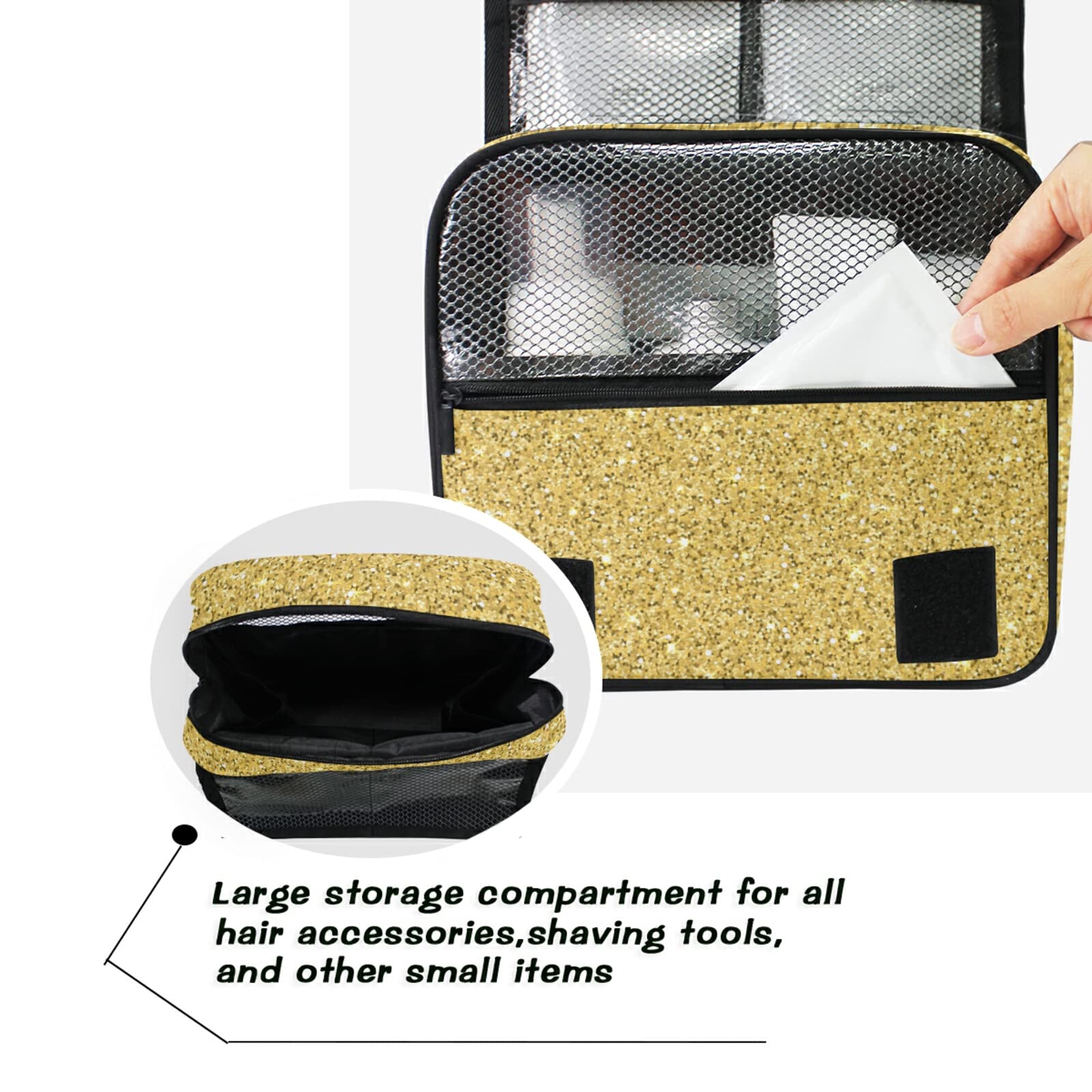 Custom Gold Glitter Personalized Travel Hanging Toiletry Bag - Large Waterproof Makeup Cosmetic & Shower Organizer for Bathroom Essentials, Full-Sized Shampoo & Conditioner - Perfect for Travel, Gym, Camping & Daily Use