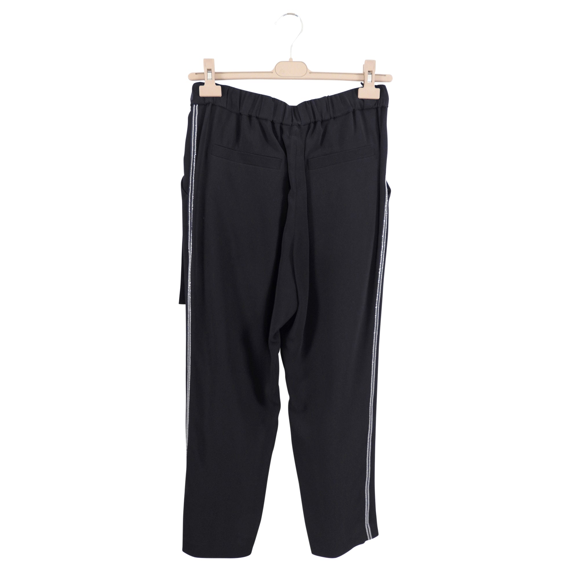 Brunello Cucinelli Black Rayon Pants with Ribbon Tie & Monili Detailing - Size S (4) | Elegant Women's Dress Pants for Office, Evening & Special Occasions