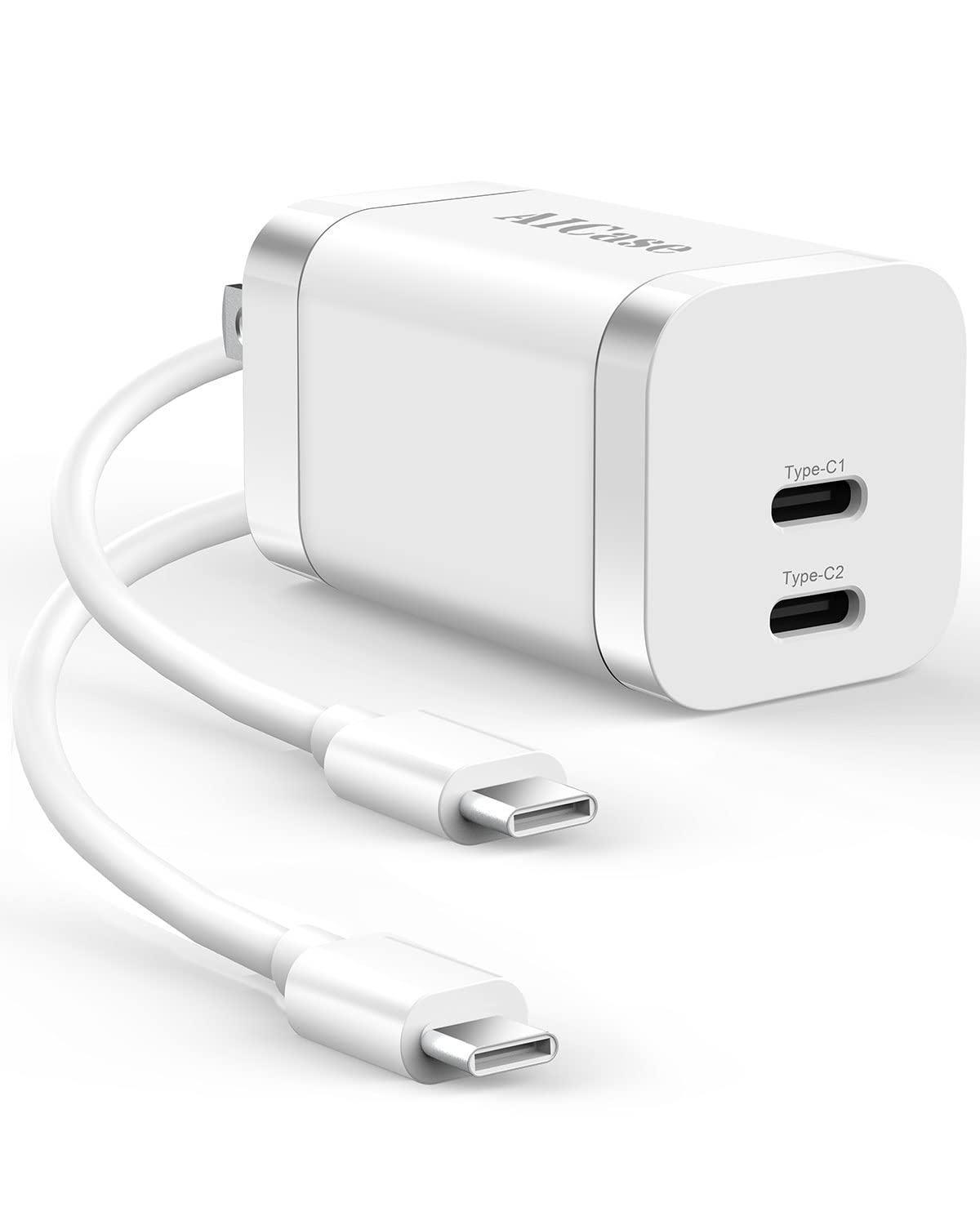 45W GaN Fast USB-C Wall Charger with 5-FT Cable - Dual Port PD Charger for Samsung Galaxy S22 Ultra/S21/S20/Note 20, iPhone 14, iPad & MacBook - Compact Travel Charging Block for Home, Office & Car Use