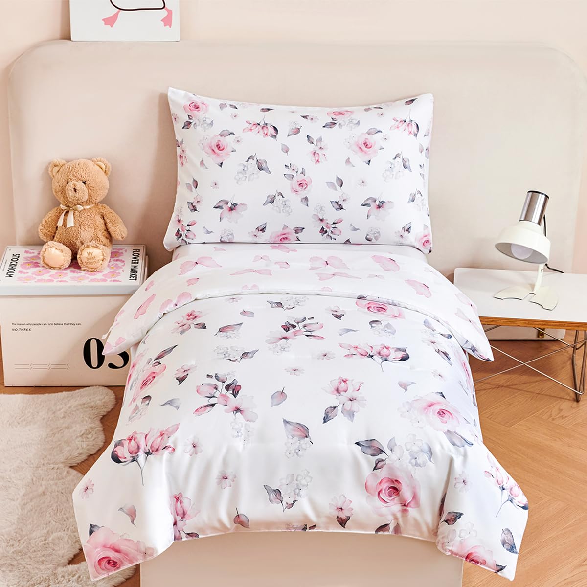 PERFEMET Floral Toddler Bedding 4-Piece Set - Pink Flower Girls Reversible Butterfly Comforter, Fitted Sheet, Flat Sheet & Pillowcase - Soft Nursery Crib Bedding for Baby & Toddler Rooms - Perfect for Girls' Bedrooms, Daycare & Gift Giving