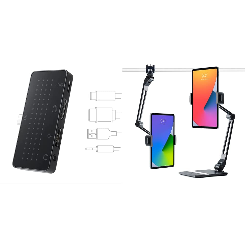 Twelve South StayGo Mini | Ultra-Thin USB-C Hub for MacBook, iPad Pro & Type C Tablets | Adjustable HoverBar Duo Stand with Weighted Base & Clamp | Perfect for Home Office, Streaming & Digital Art