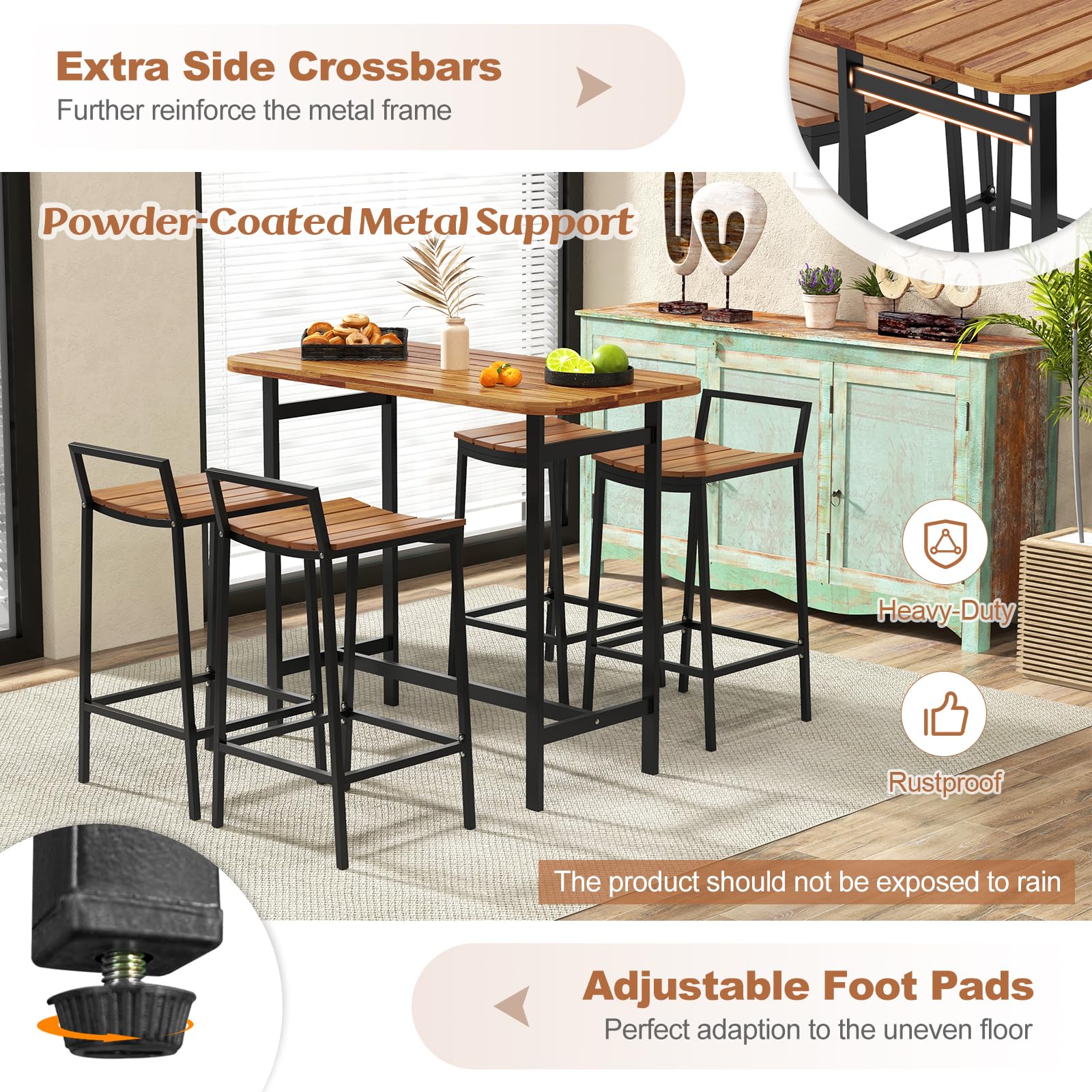 Tangkula 5-Piece Acacia Wood Outdoor Bar Table Set with Metal Frame & Footrest - Patio Bar Height Table & Chairs for 4, Perfect for Deck, Garden, Poolside & Backyard Entertaining