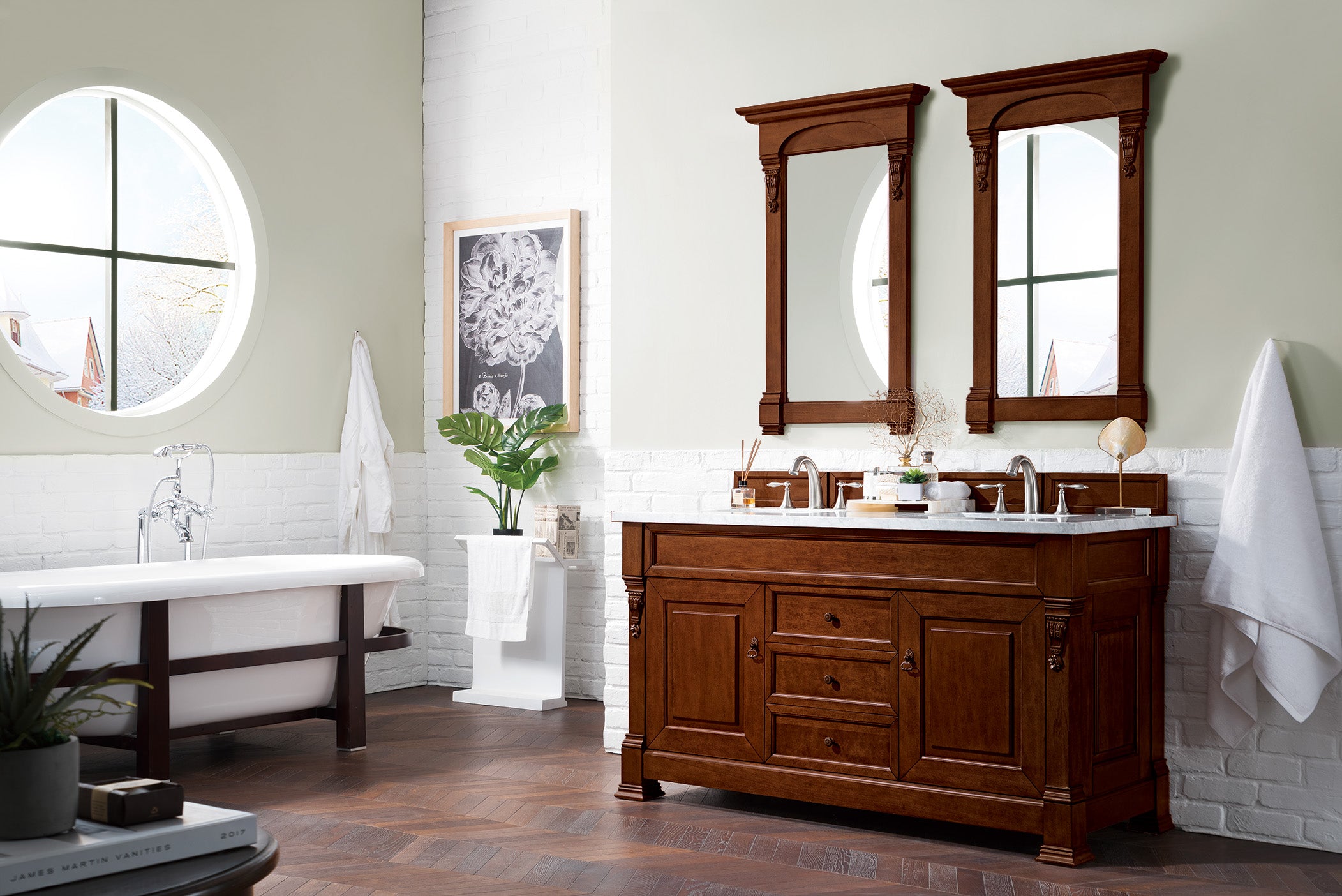 Brookfield 60 Inch Double Bathroom Vanity with Warm Cherry Finish & 3CM Eternal Jasmine Pearl Quartz Top - Perfect for Master Bathroom, Guest Bath, or Luxury Home Renovation