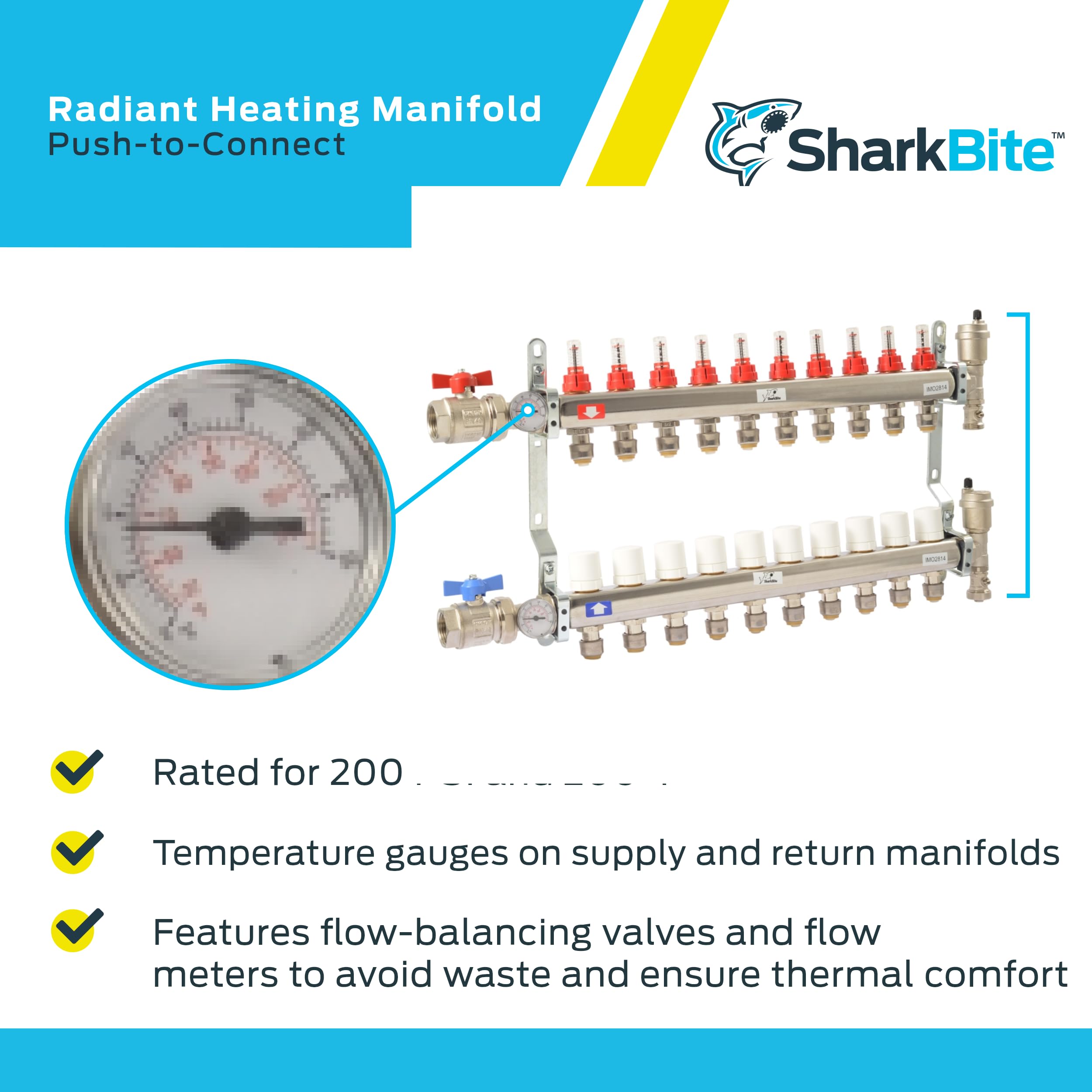 SharkBite 10 Loop Radiant Heating Manifold - Push to Connect Brass Plumbing Fitting for PEX Pipe & PE-RT (Model 24937) - Perfect for Hydronic Heating Systems & Underfloor Heating Installations