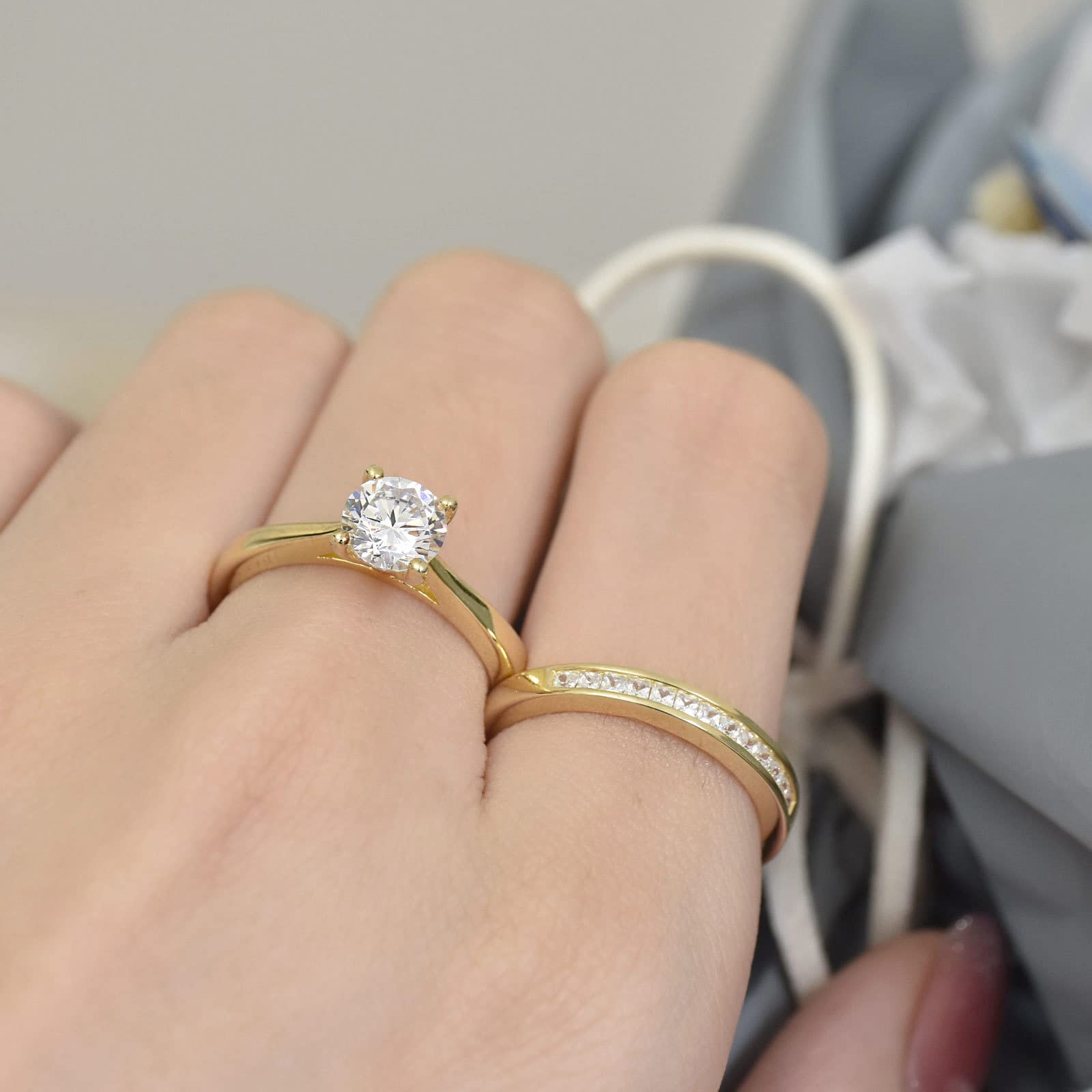 SHELOVES Sterling Silver Engagement Ring & Wedding Band Set with Round CZ Cubic Zirconia - Size 4-13 | Elegant Bridal Jewelry for Proposals, Anniversaries & Special Occasions