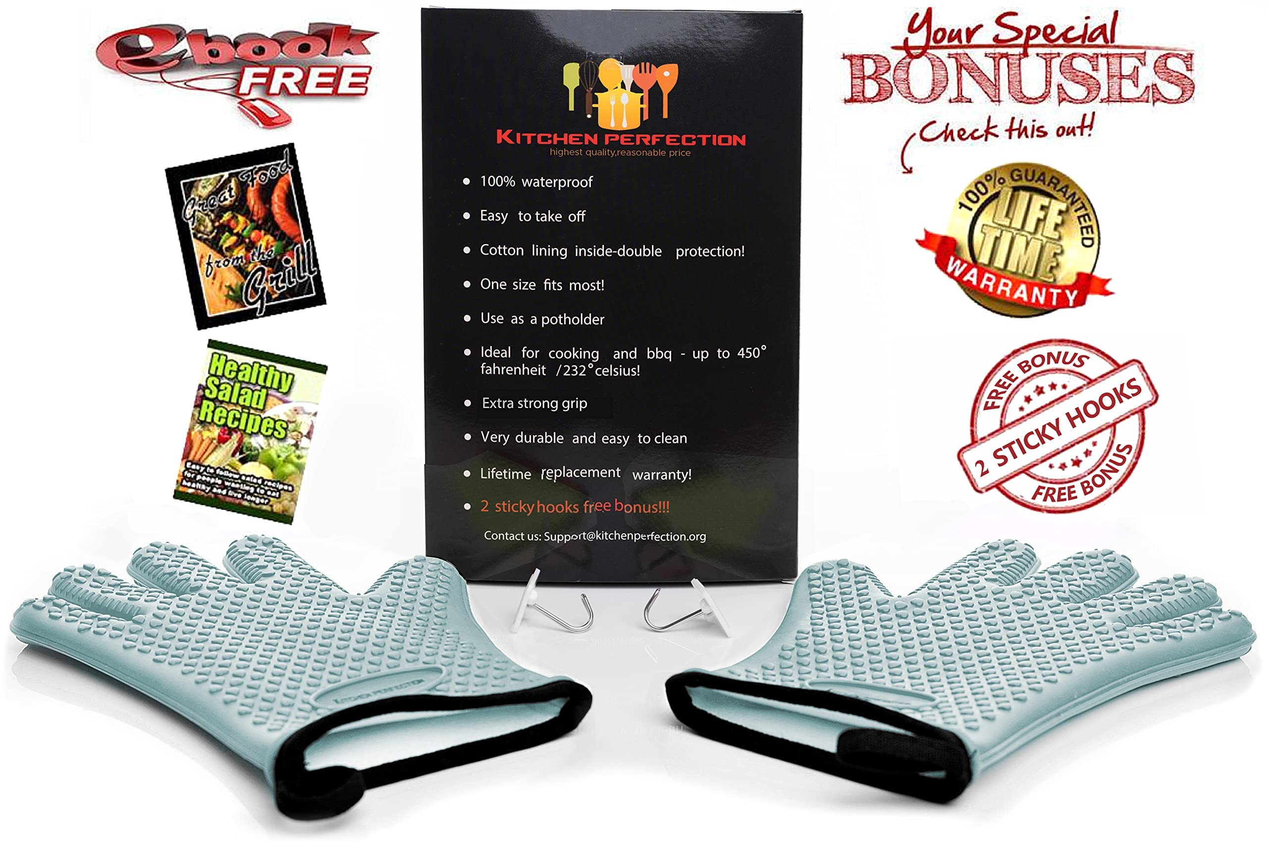 KITCHEN PERFECTION Heat Resistant Silicone BBQ Gloves - 1472°F Extreme Heat Protection for Smoker, Grill, Oven & Fryer | Waterproof & Non-Slip Cooking Mitts for Safe Food Handling | Perfect for Backyard Grilling, Camping & Outdoor Cooking (Includes 3 Bonus Accessories)
