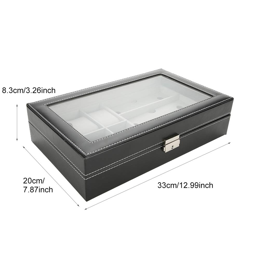 Premium PU Leather Glasses & Watch Organizer Box with Clear Lid - 3 Grids for Eyewear & 6 Slots for Watches - Jewelry Storage Display Case for Men & Women (12.99×7.87×3.14 Inch) - Perfect for Travel, Home & Office Organization