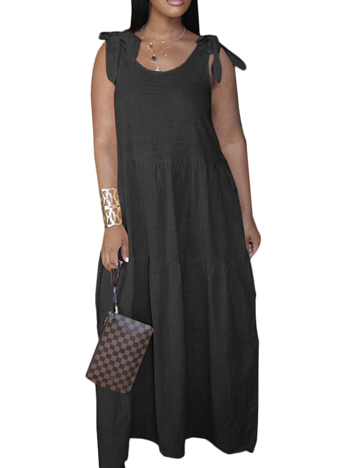 VONDA Women's Summer Sleeveless Maxi Dress - Casual Loose Beach Dress with Shoulder Straps | Perfect for Vacations, Pool Parties & Summer Outings