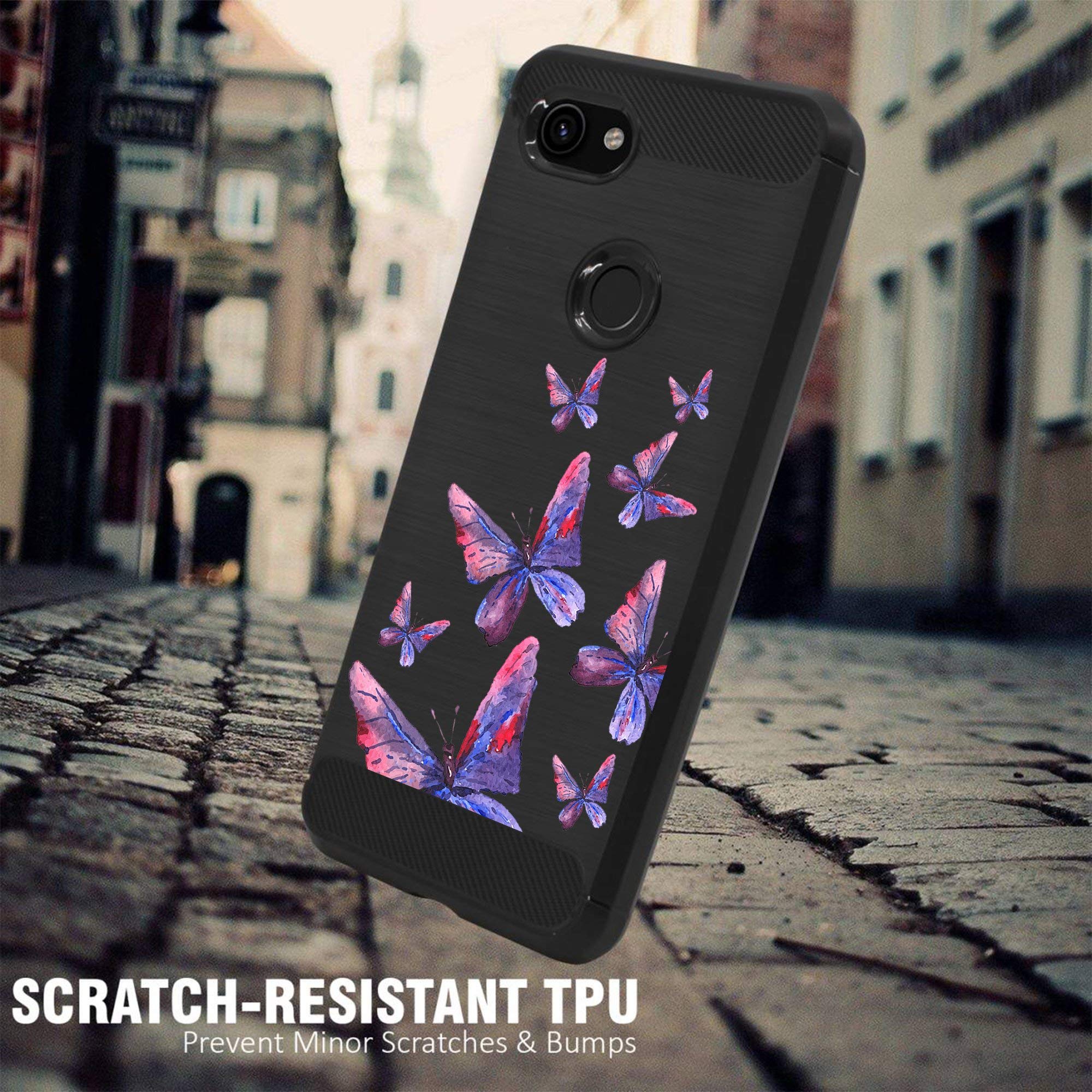 Google Pixel 3A XL Case - Tribal Floral TPU Cover with Carbon Fiber Texture | Purple Butterfly Design for Daily Protection