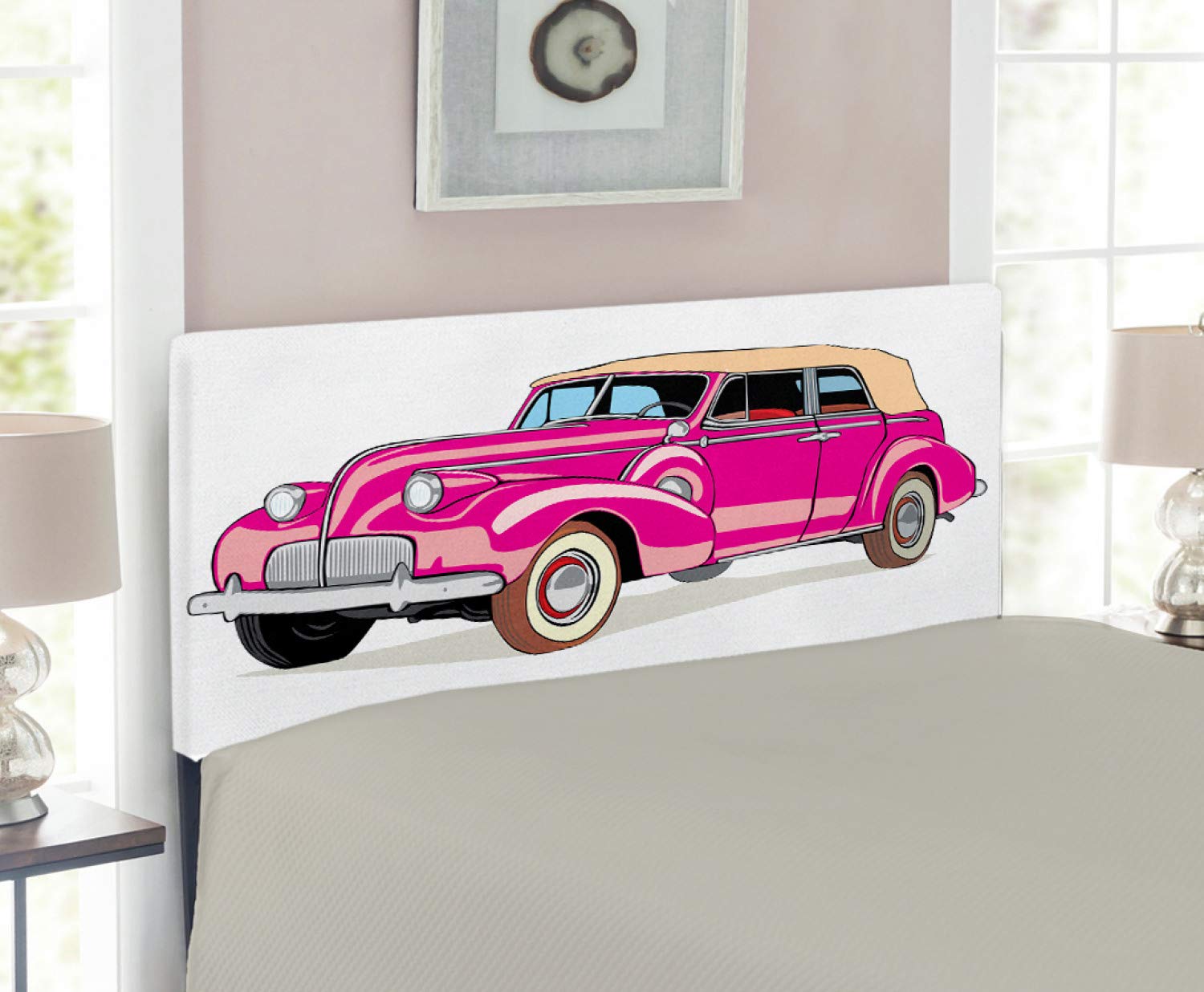 Vintage Car Themed Headboard for Twin Bed - Ambesonne Convertible Fifties Style Upholstered Metal Headboard with Memory Foam in Hot Pink Peach | Vibrant Automotive Decor for Kids Room, Teen Bedroom & Retro Car Lovers
