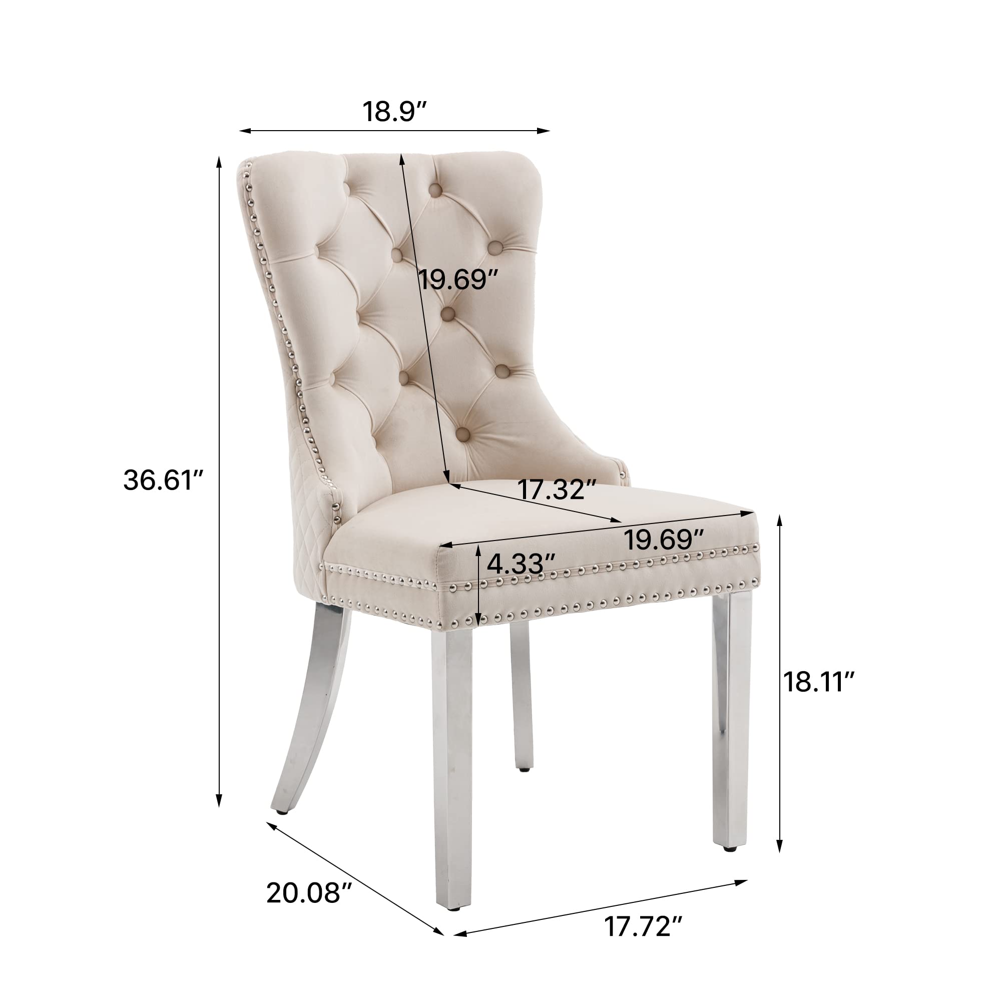 KCC Velvet Upholstered Dining Chairs Set of 2 - Modern Button Tufted Accent Chairs with Lion Head Pull Rings & Stainless Steel Legs for Living Room, Kitchen, Dining Area - Soft Beige Velvet Fabric - Perfect for Home Decor, Entertaining Guests & Cozy Meals