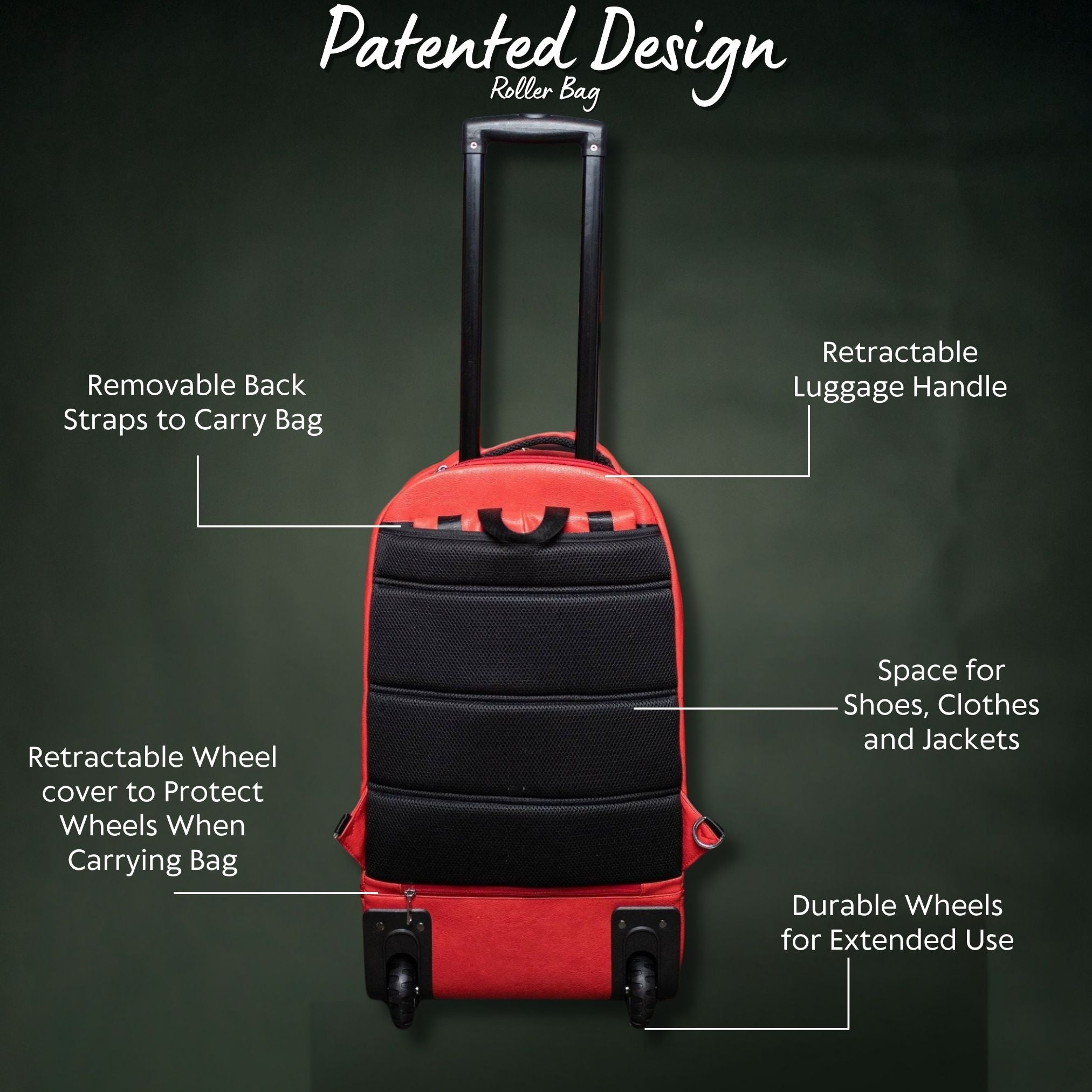 Premium Red Leather Carry-On Roller Bag with Patented Signature Design - Perfect for Business Travel & Weekend Getaways