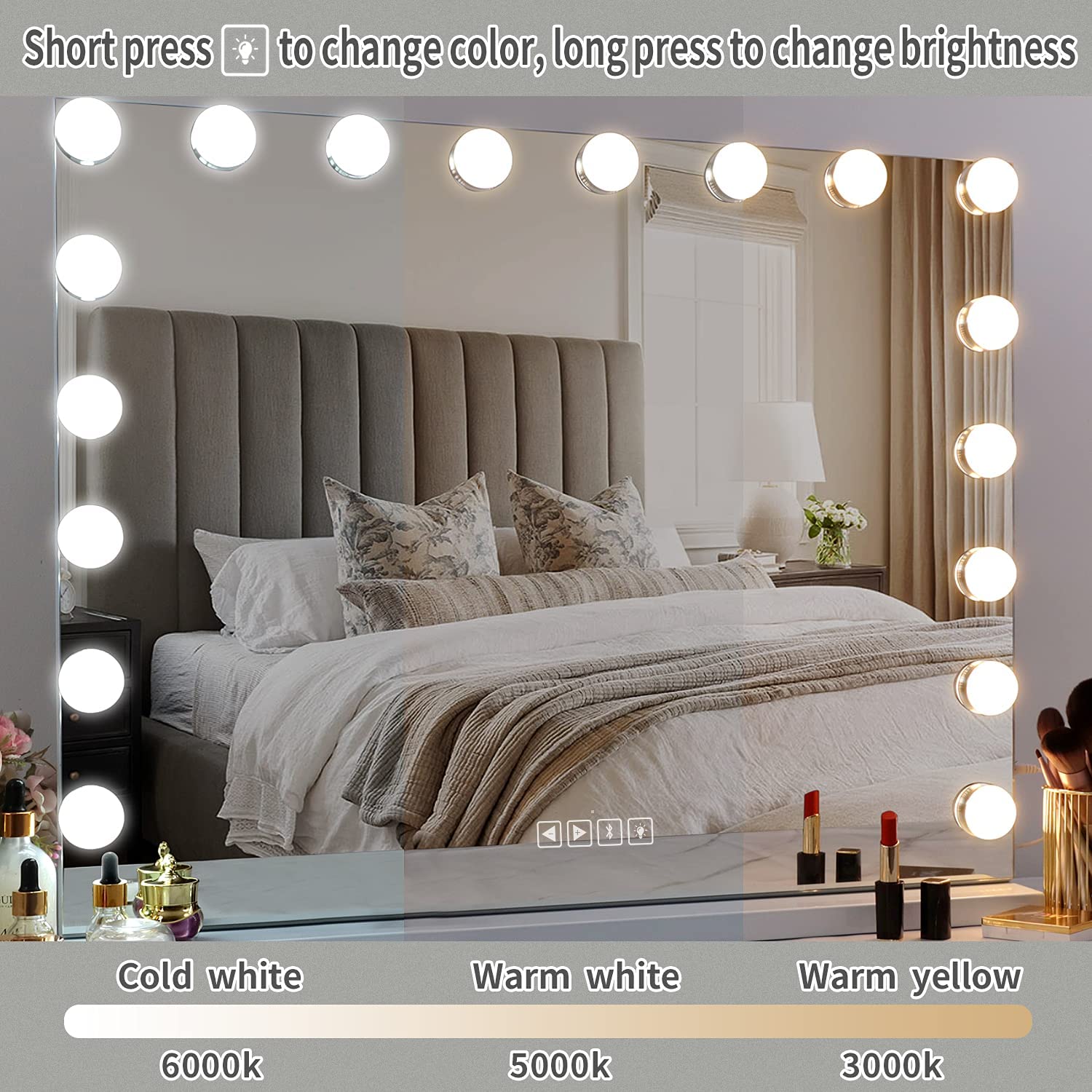 Fenair Large Hollywood Vanity Mirror with Lights & Bluetooth Speaker - 18 Dimmable LED Bulbs, 3 Color Modes, USB Charging Port - Perfect for Makeup, Skincare, Dressing Room & Salon Use