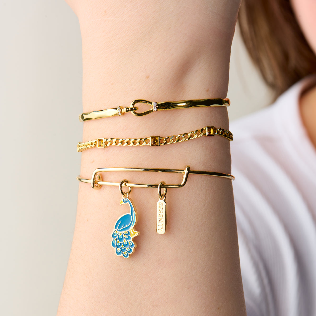 Serenity Peacock Duo Charm Bangle Bracelet - Elegant Jewelry for Women, Perfect for Parties, Weddings & Special Occasions