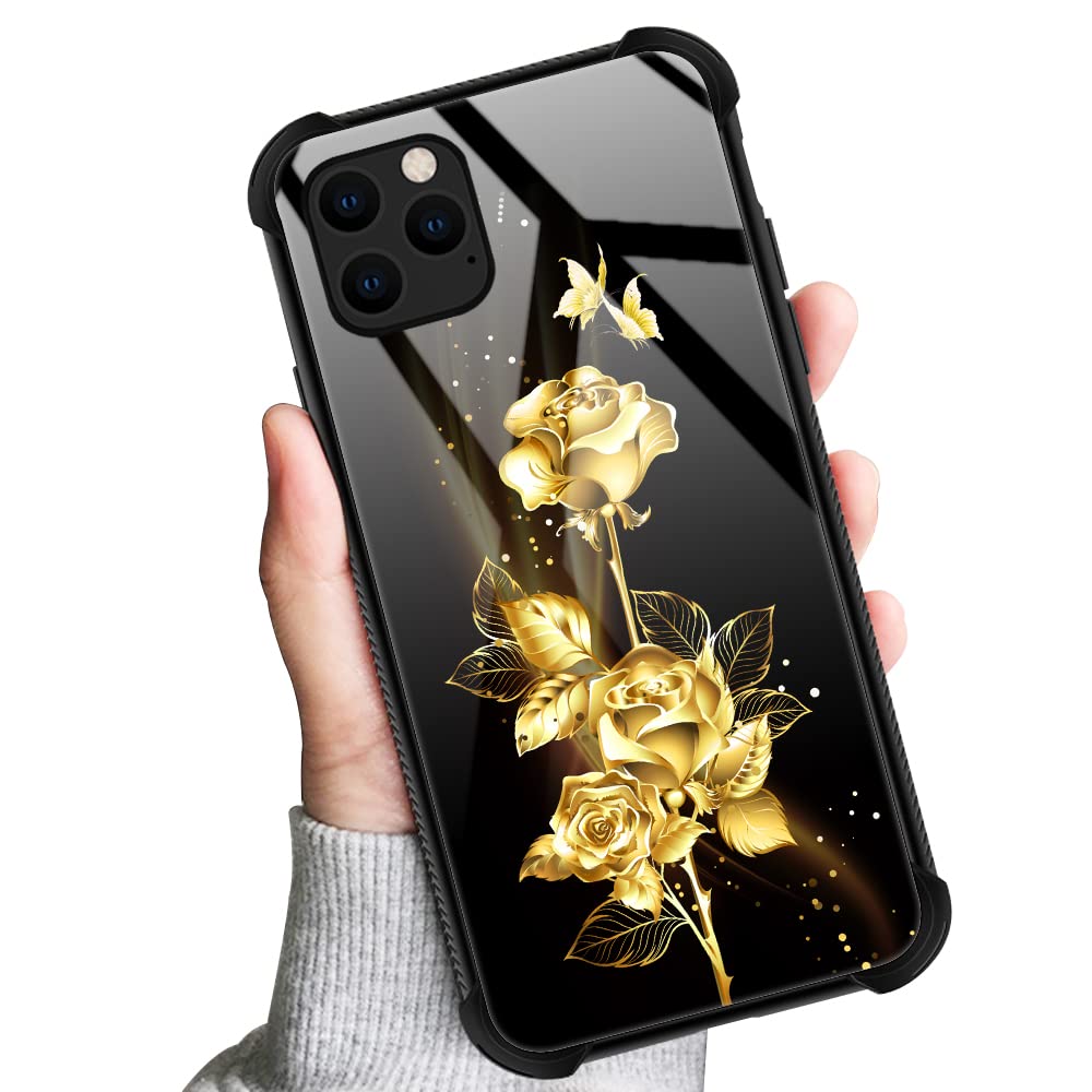 Golden Butterfly Rose Flower Pattern Phone Case for iPhone 12 Pro - Elegant Protective Cover for Women, Perfect Gift for Valentine's Day & Daily Use