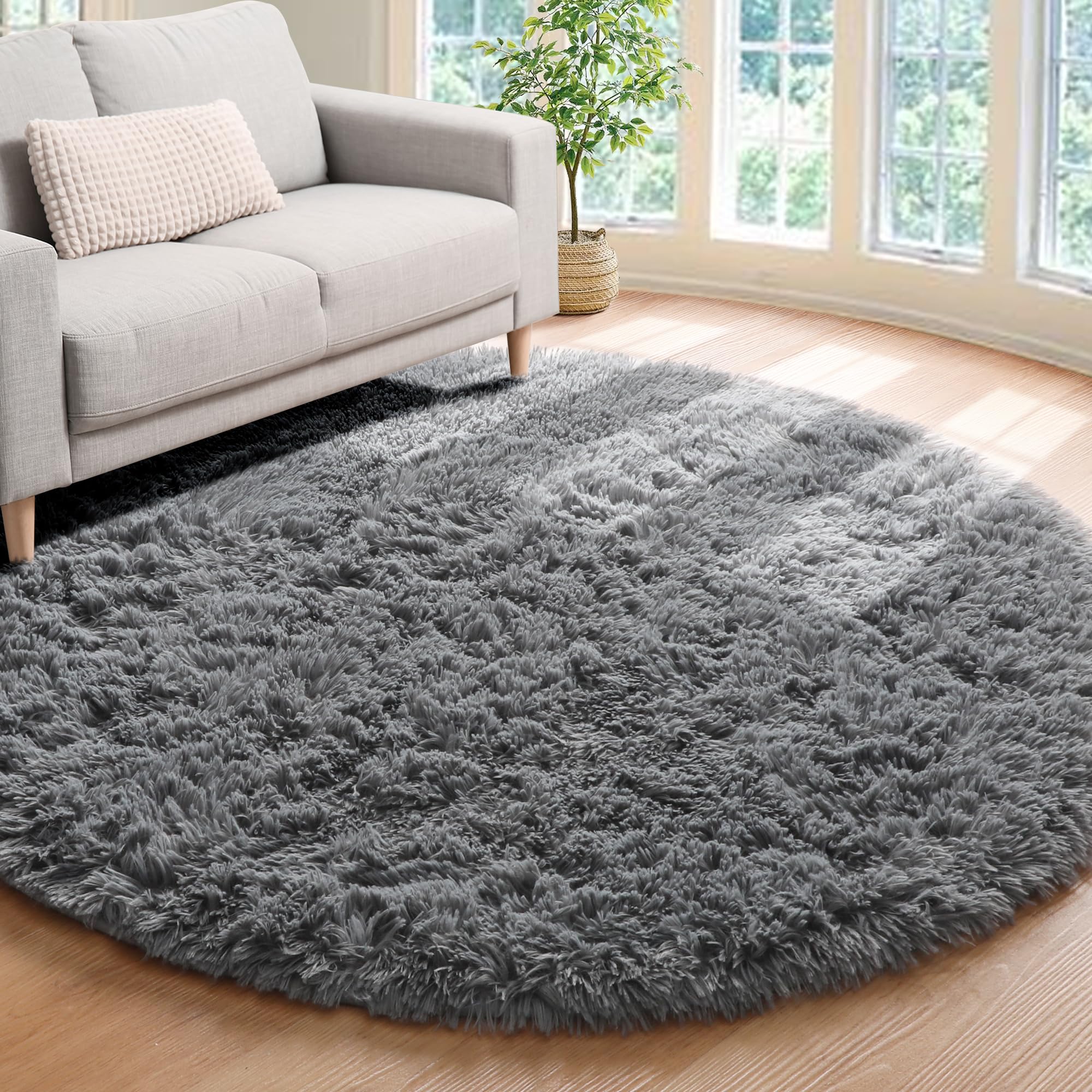 ONASAR Grey Round Area Rugs 5ft - Soft Fluffy Plush Shaggy Carpet for Bedroom, Nursery, Living Room & Playroom - Non-Slip Circle Floor Mat for Kids, Girls & Teens - Cozy Home Decor Aesthetic (Perfect for Play Areas, Nursery Rooms & Boho Chic Living Spaces)