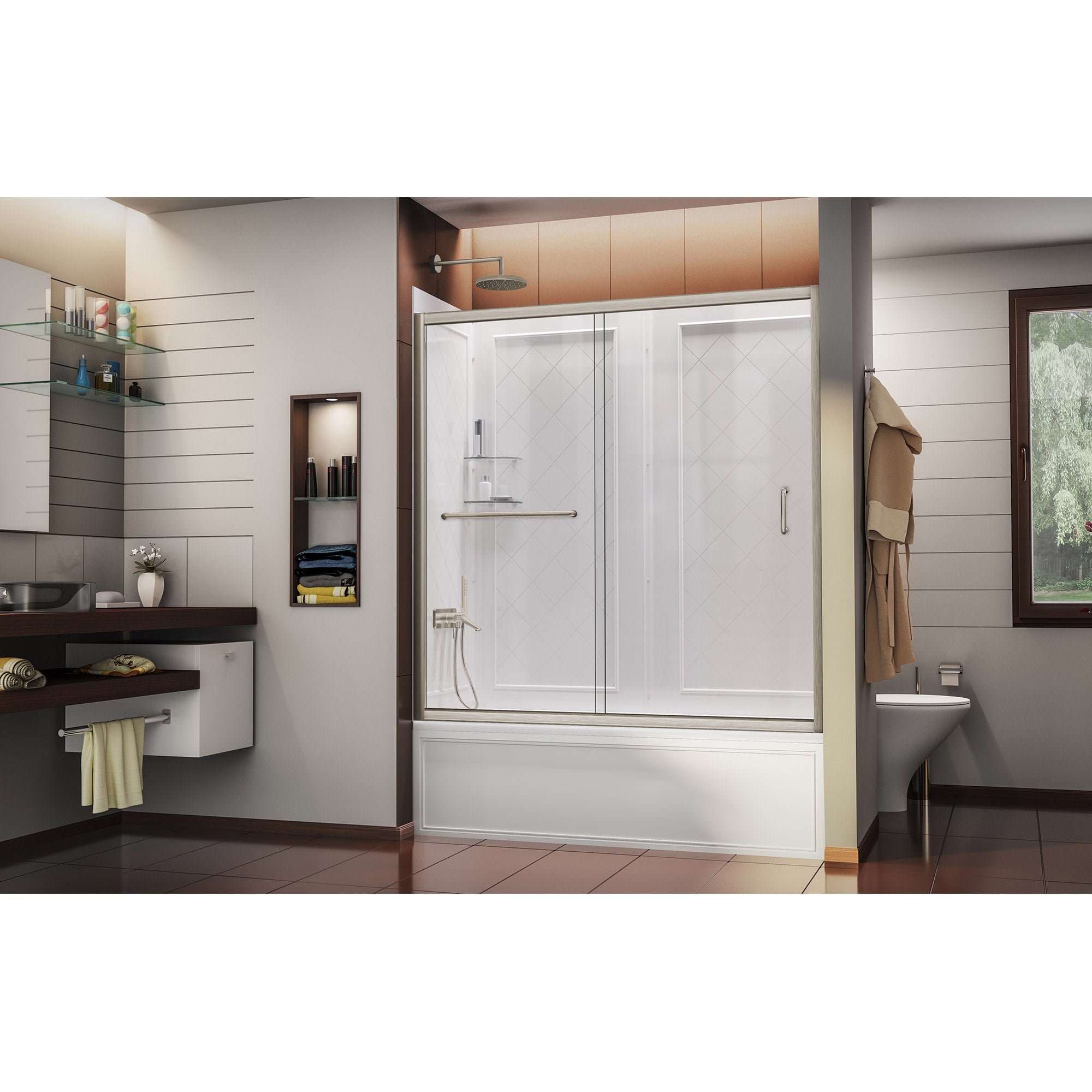 DreamLine Infinity Z 56-60 Inch Semi-Frameless Sliding Shower Door with Clear Glass & QWALL Acrylic Backwall Kit - Perfect for Modern Bathroom Renovations and Space-Saving Designs
