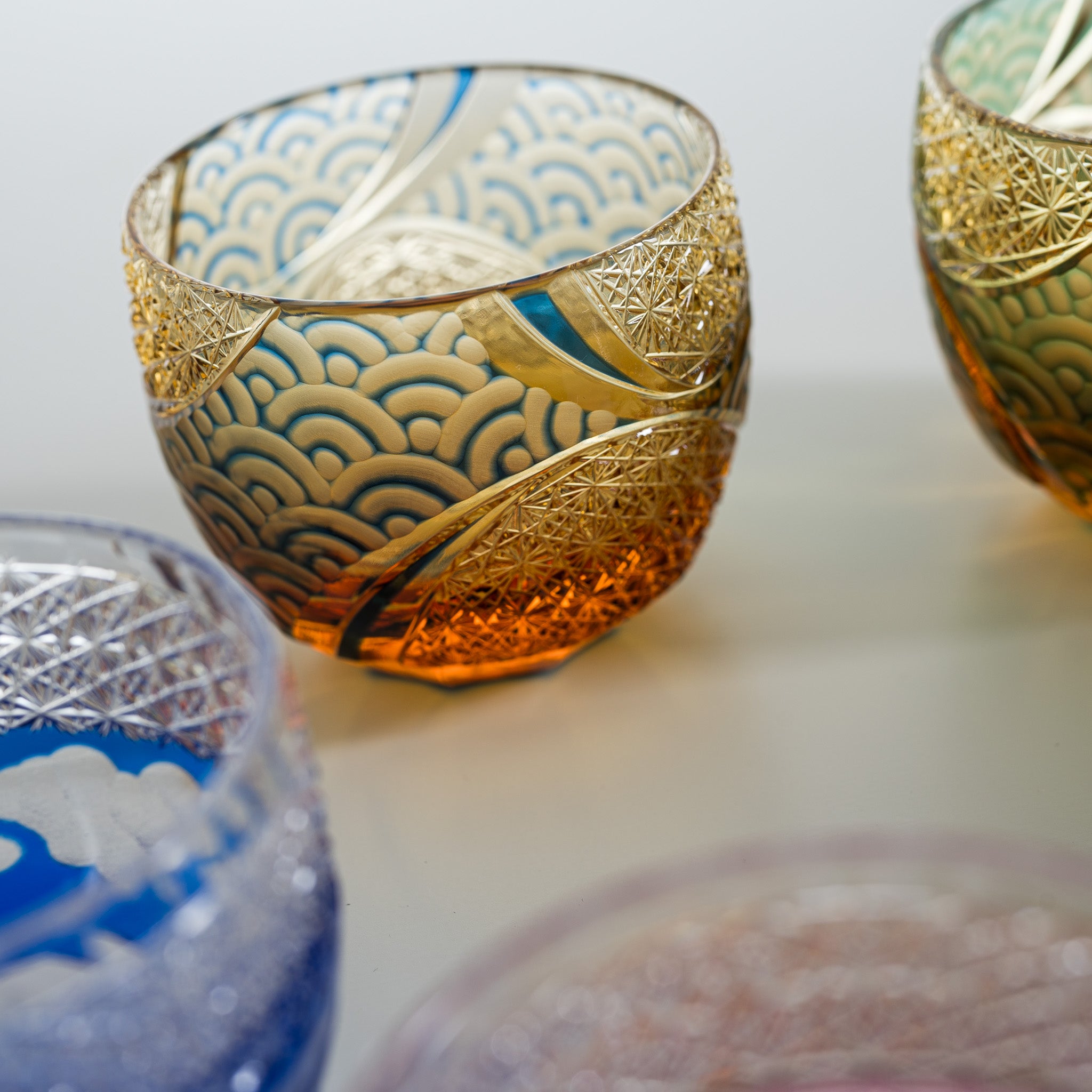 Premium Yamada Crystal Glass Sake Cups with Mt. Fuji Design - Elegant Blue Japanese Drinking Glasses for Sake, Cocktails & Special Occasions