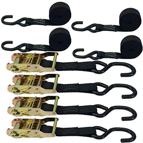 4 Pack 1 Inch Heavy Duty Ratchet Straps with Coated S Hooks - 10FT Black Tie Down Straps for Trucks, Trailers, Motorcycles & Cargo Securing - Durable Webbing & Easy-to-Use Ratchet System