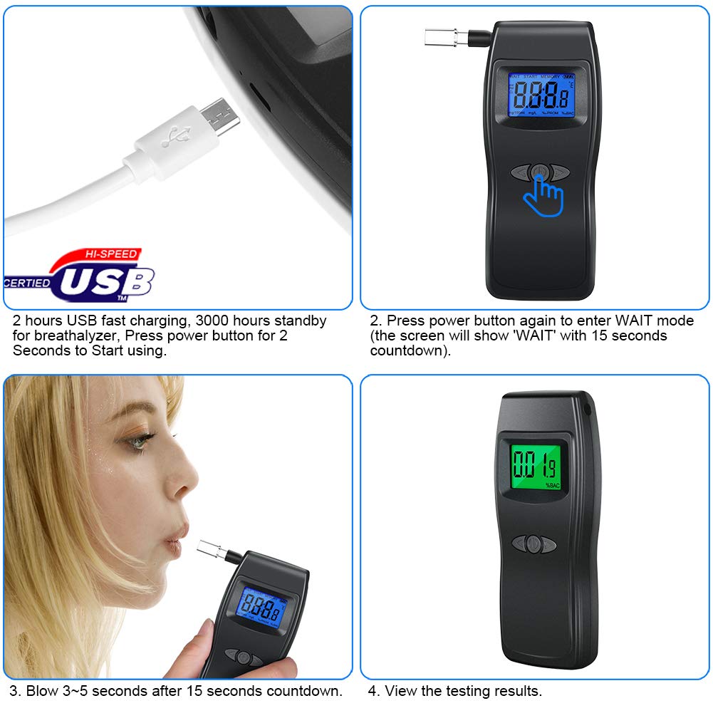 Professional Digital Breathalyzer - USB Rechargeable Alcohol Tester with LCD Display & 10 Mouthpieces | Accurate BAC Detection for Personal, Workplace & Law Enforcement Use