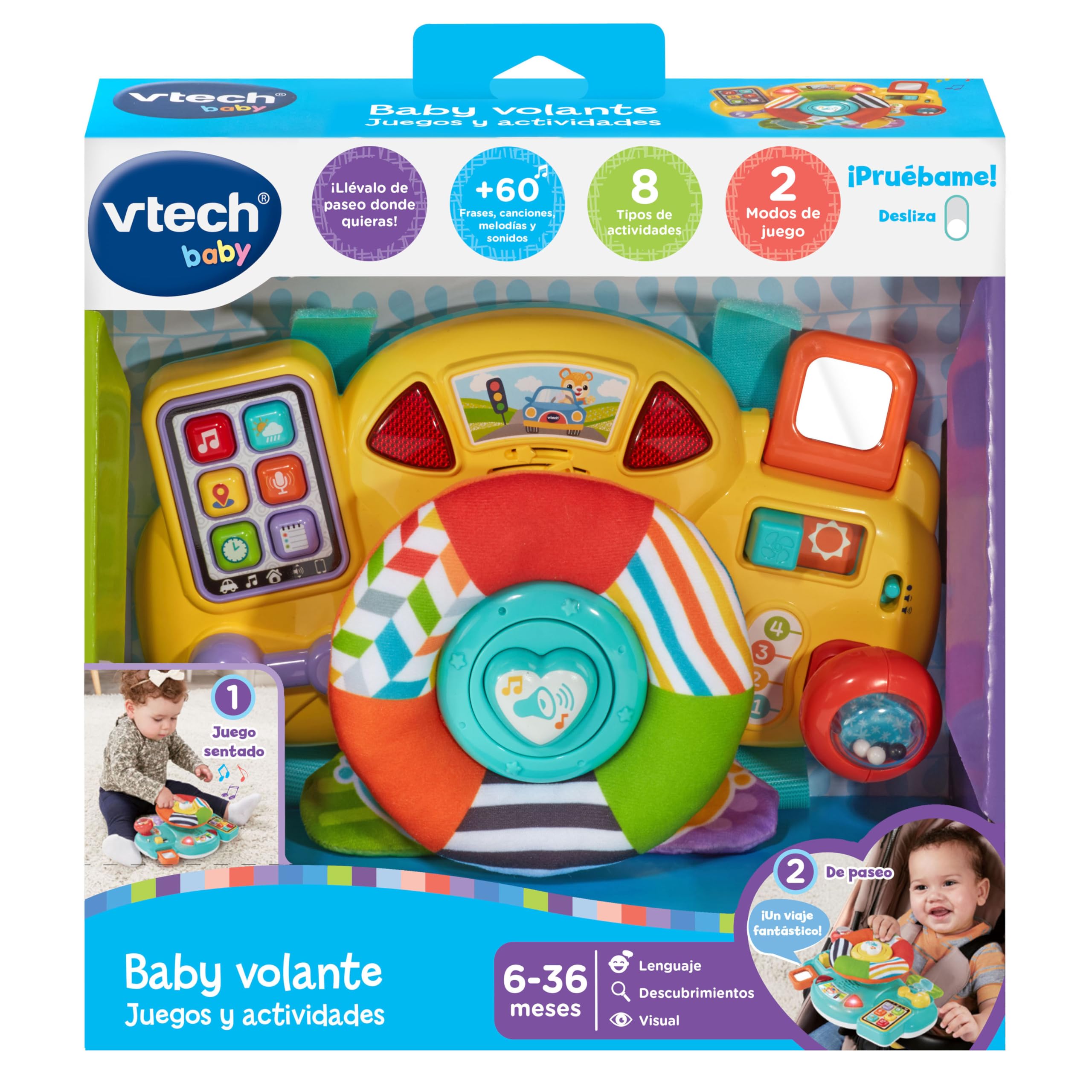 VTech Baby Steering Wheel Toy - Interactive Car Seat & Stroller Activity Toy with Lights, Sounds & Games - Best Gift for Babies 6+ Months - Spanish Language Content - Perfect for Road Trips & Stroller Rides