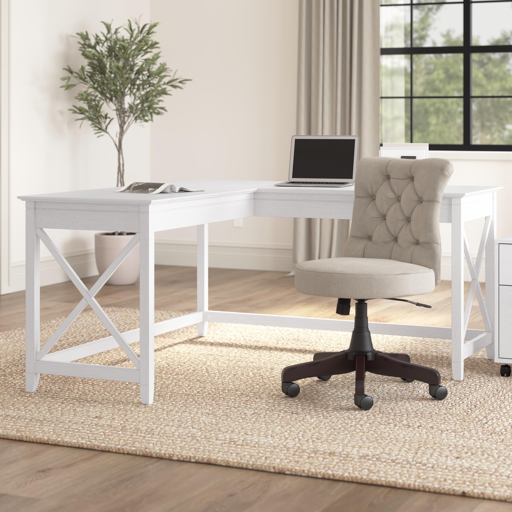 Bush Furniture Key West 60W Modern Farmhouse L-Shaped Desk in Pure White Oak | 60-Inch Corner Computer Desk for Home Office | Perfect for Small Spaces & Remote Work
