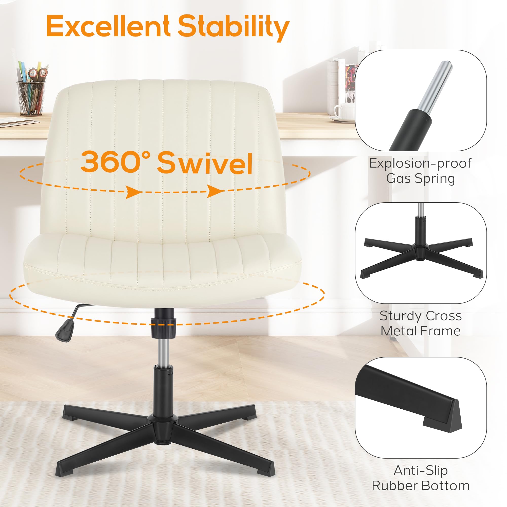 DUMOS Criss Cross Chair Leg Office Chair - Wide Comfortable Desk Seat, No Wheels Armless Computer Task Chair, Swivel Vanity Chair - Adjustable Height for Home & Office Workspace