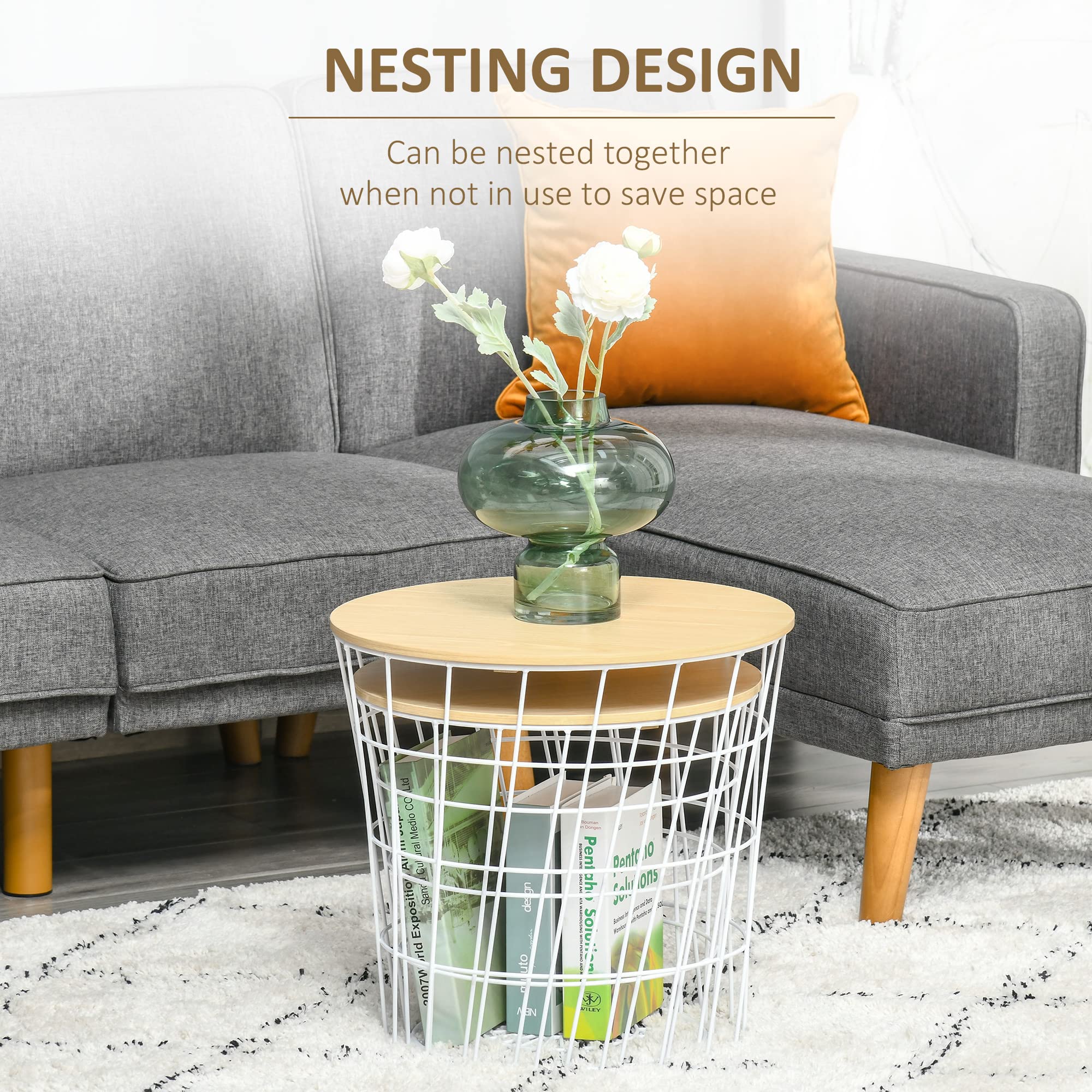 HOMCOM 2-Piece Round Nesting End Tables with Storage, Removable Top Accent Side Tables for Living Room, Bedroom, or Office - White and Natural Finish | Perfect for Small Spaces, Home Decor, and Extra Storage