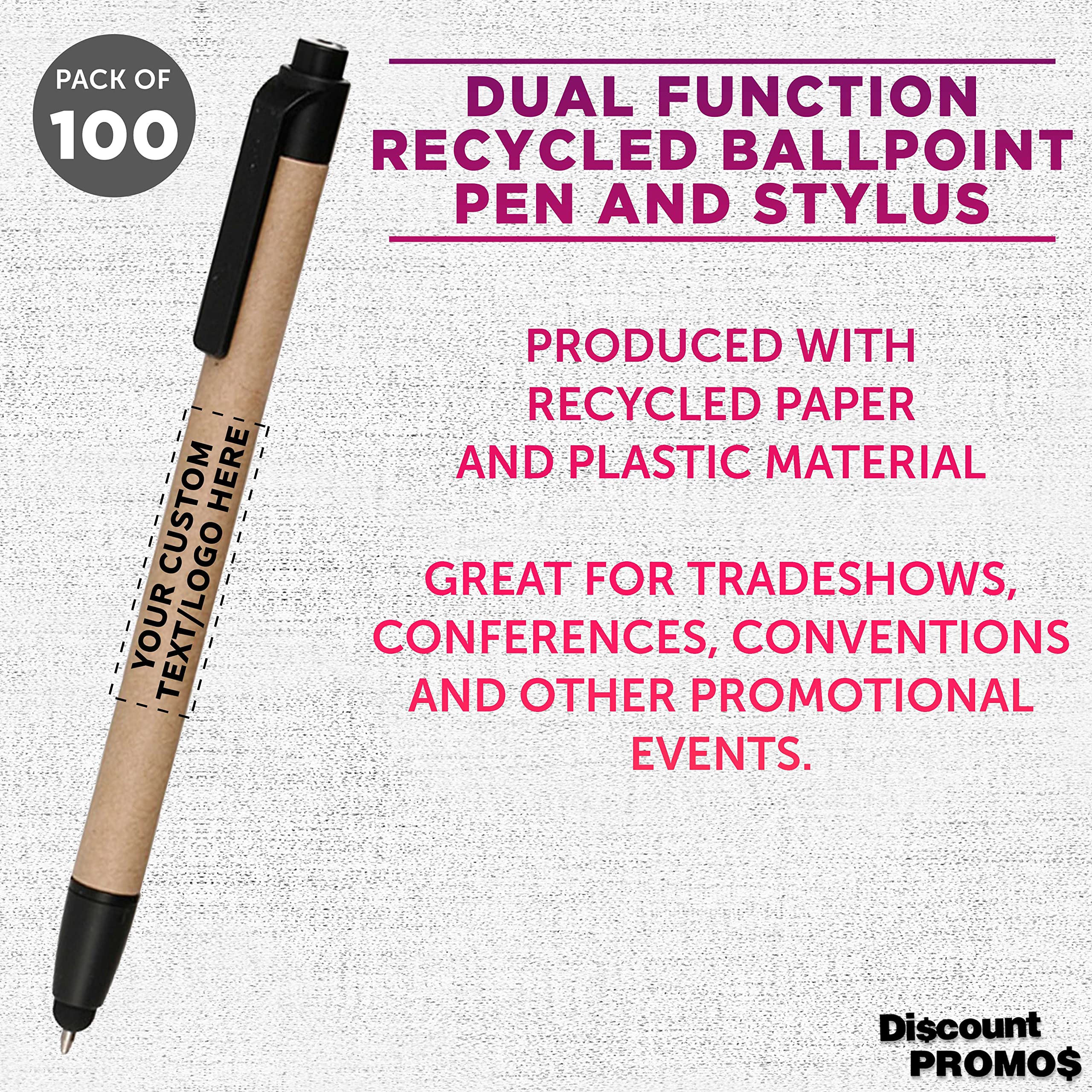100 Pack Retractable Ballpoint Stylus Pens - Custom Printed with Text/Logo - Eco-Friendly Recycled Black Ink Pens for Office, School, Note-Taking & Digital Devices