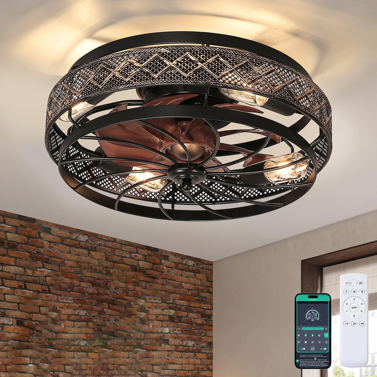 Low Profile Caged Ceiling Fan with Light and Remote Control - Flush Mount Industrial Black Ceiling Fan for Bedroom, Living Room, Office - Small Modern Ceiling Light Fixture with Reversible Blades (Bulbs Not Included) - Perfect for Small Spaces and Low Ceilings