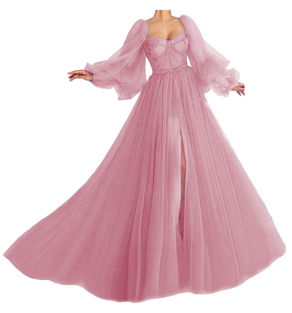 Elegant Puffy Sleeve Sweetheart Neckline Tulle Ball Gown with Slit - Formal Prom Dress for Women | Perfect for Evening Parties, Weddings & Princess-Themed Events
