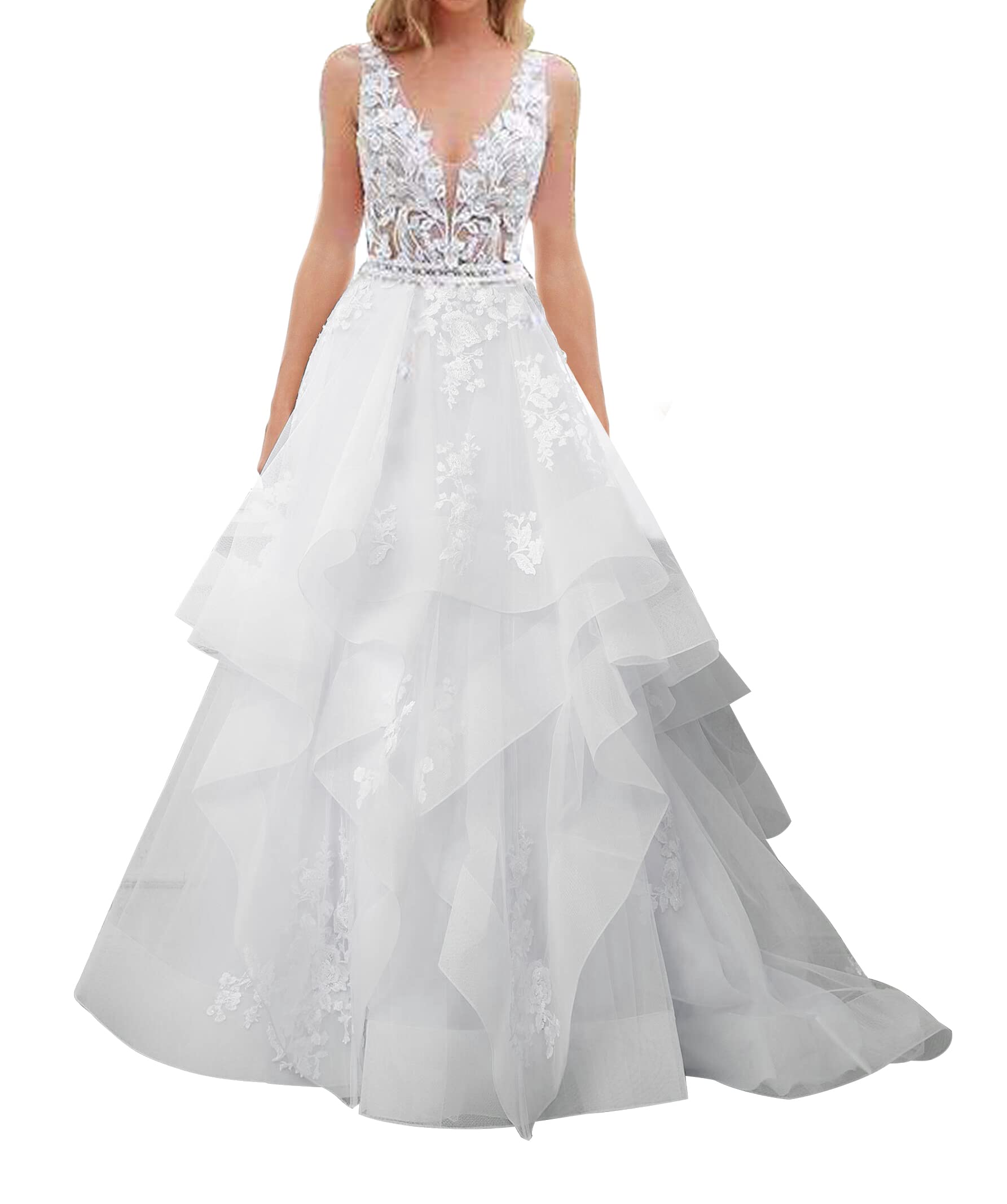 Elegant Lace V-Neck Sleeveless Wedding Dress with Ruffles – Perfect for Bridal Gowns, Church Weddings & Beach Ceremonies