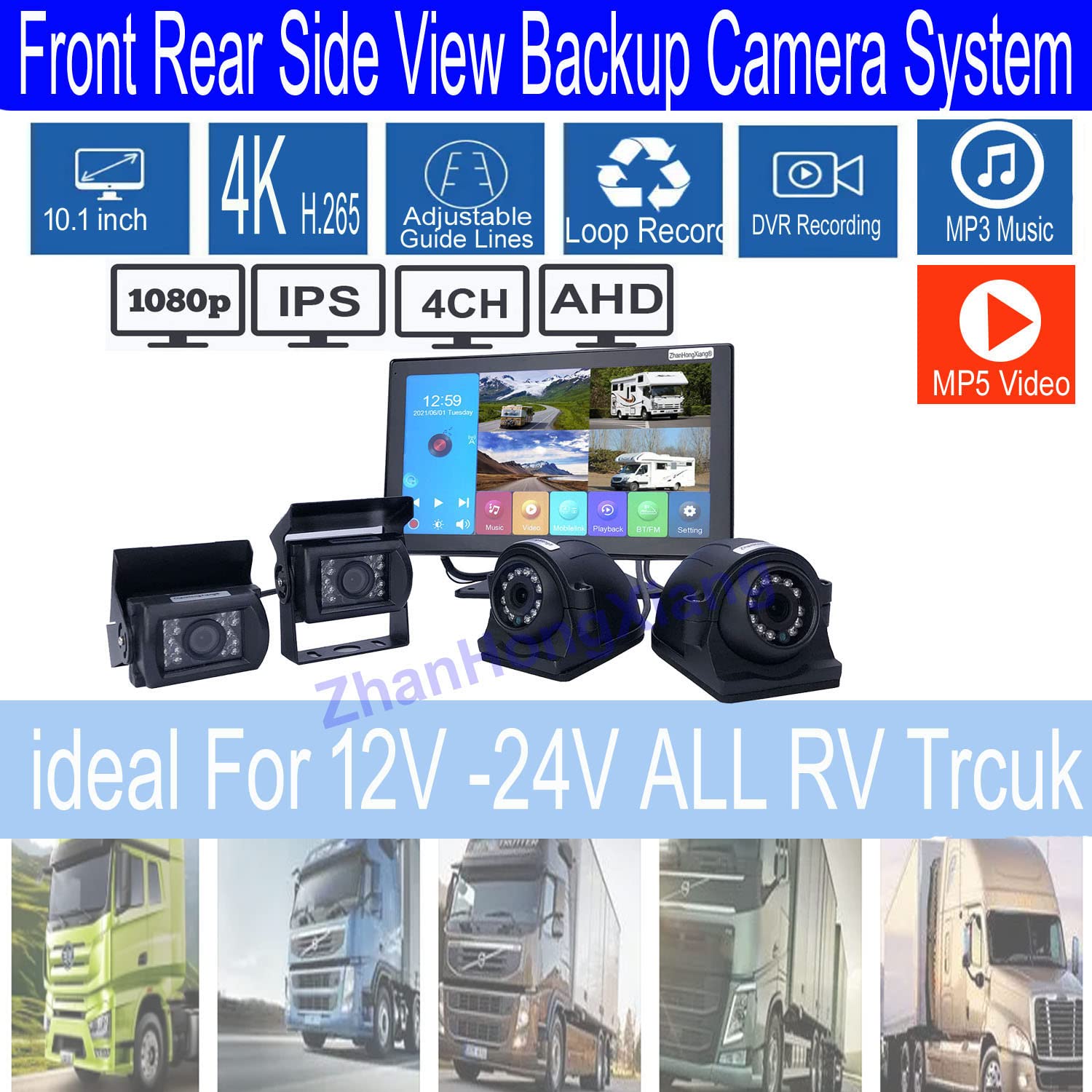 4K AHD 1080P Vehicle Reversing Camera DVR Monitor Kit - 4 Channel Front/Side/Rear View Parking Backup System with 10.1