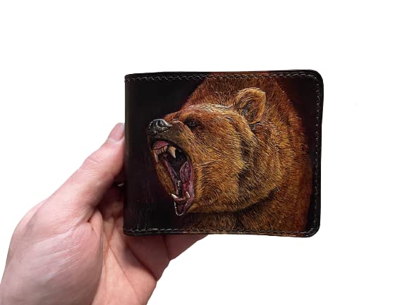 Handcrafted 3D Genuine Leather Bear & Forest Hunting Bifold Wallet - Custom Carved Airbrush Art for Men | Perfect Gift for Outdoorsmen & Nature Lovers