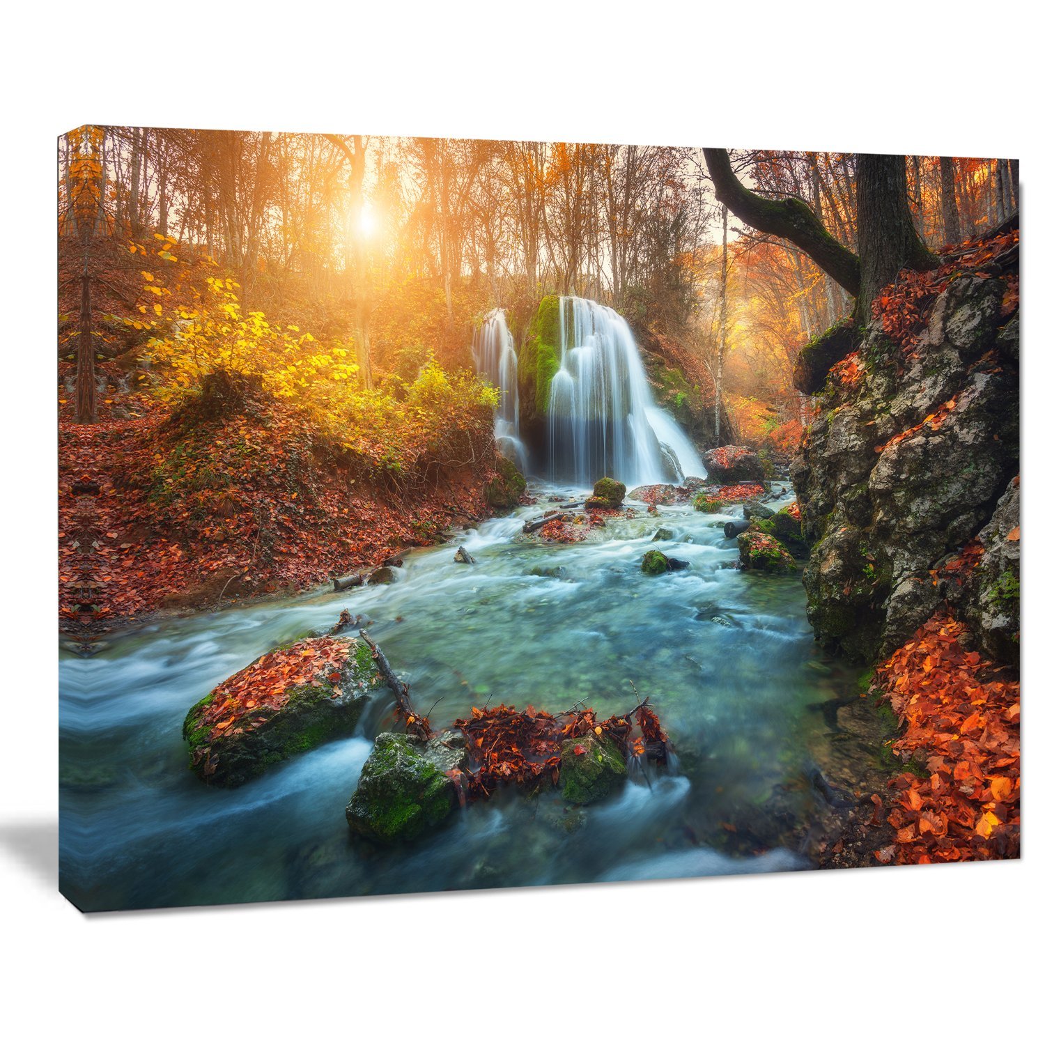 Fast Flowing Fall River in Forest Landscape Photography Canvas Print - Nature Wall Art for Living Room, Bedroom & Office Decor