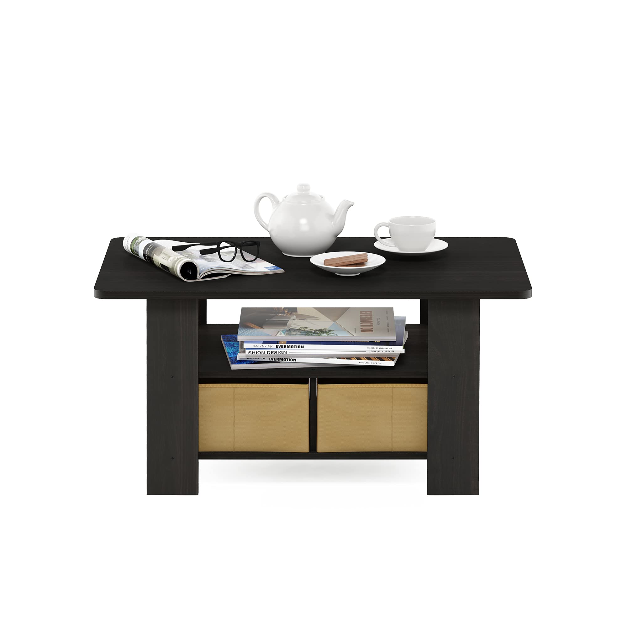 Furinno Andrey Coffee Table with Storage Bin Drawer - Dark Espresso/Brown Finish - Perfect for Living Room, Dorm & Small Spaces