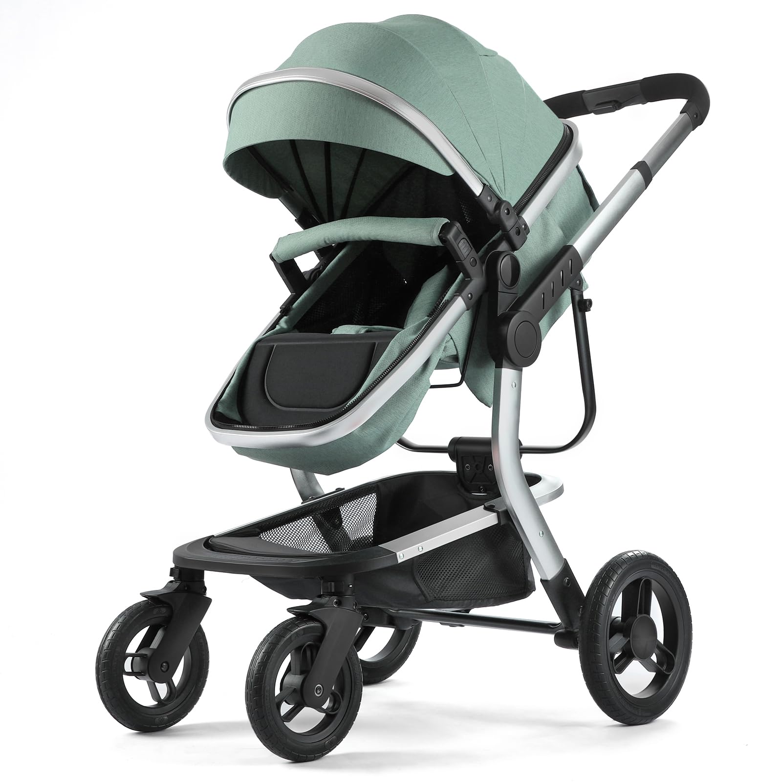 2-in-1 Convertible Baby Stroller with Aluminum Frame & Linen Fabric - Bassinet & Toddler Stroller with Rubber Wheels, Foldable Infant Stroller with Reversible Seat, Adjustable Backrest & Canopy - for Newborn to 3 Years (0-36 Months) - Green | Perfect for Park Walks, Shopping & Travel