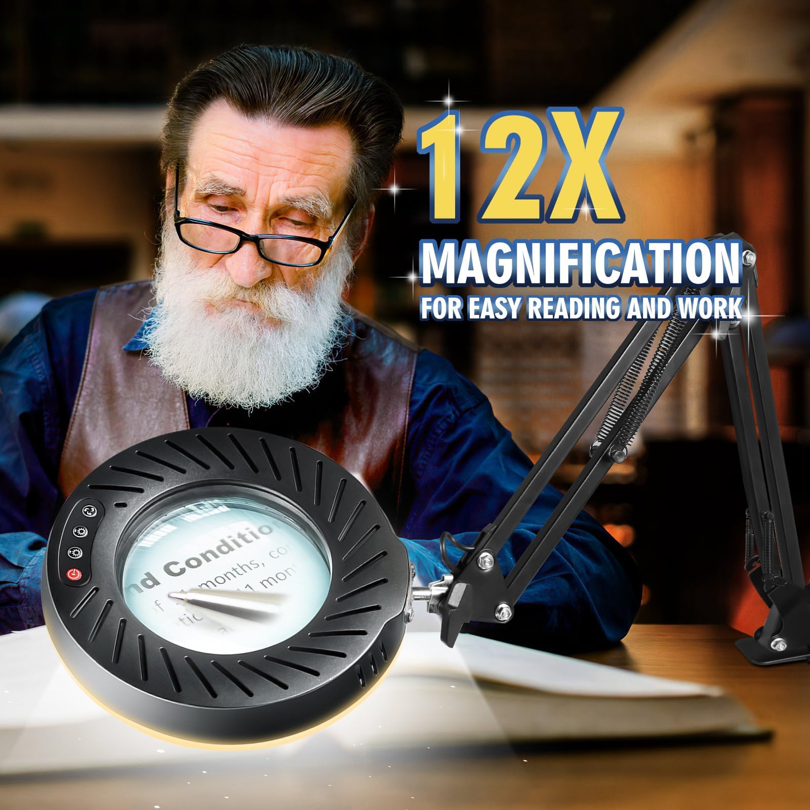 12X Magnifying Glass with Light and Stand - 144 LED Brightest Magnifying Lamp, 10 Dimmable Brightness & 5 Color Modes, Hands-Free Metal Desk Lamp for Crafts, Reading, Painting, Jewelry Making, Watch Repair, and Close Work Tasks