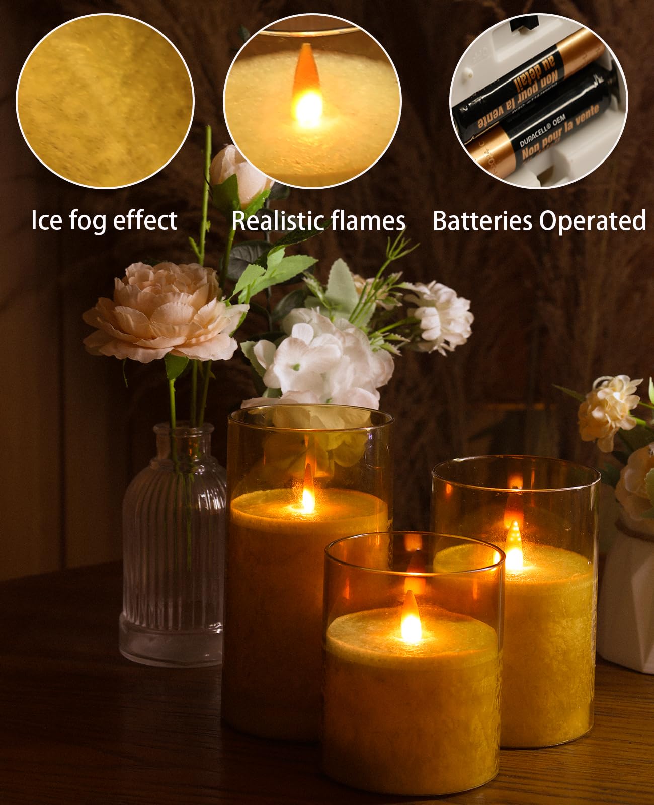 ACROSS Amber Gold Flameless LED Candles with Remote Control - Battery Operated Fake Pillar Candles Set of 3 (4'', 5'', 6'') with Timer - Perfect for Home Decor, Weddings, and Romantic Dinners