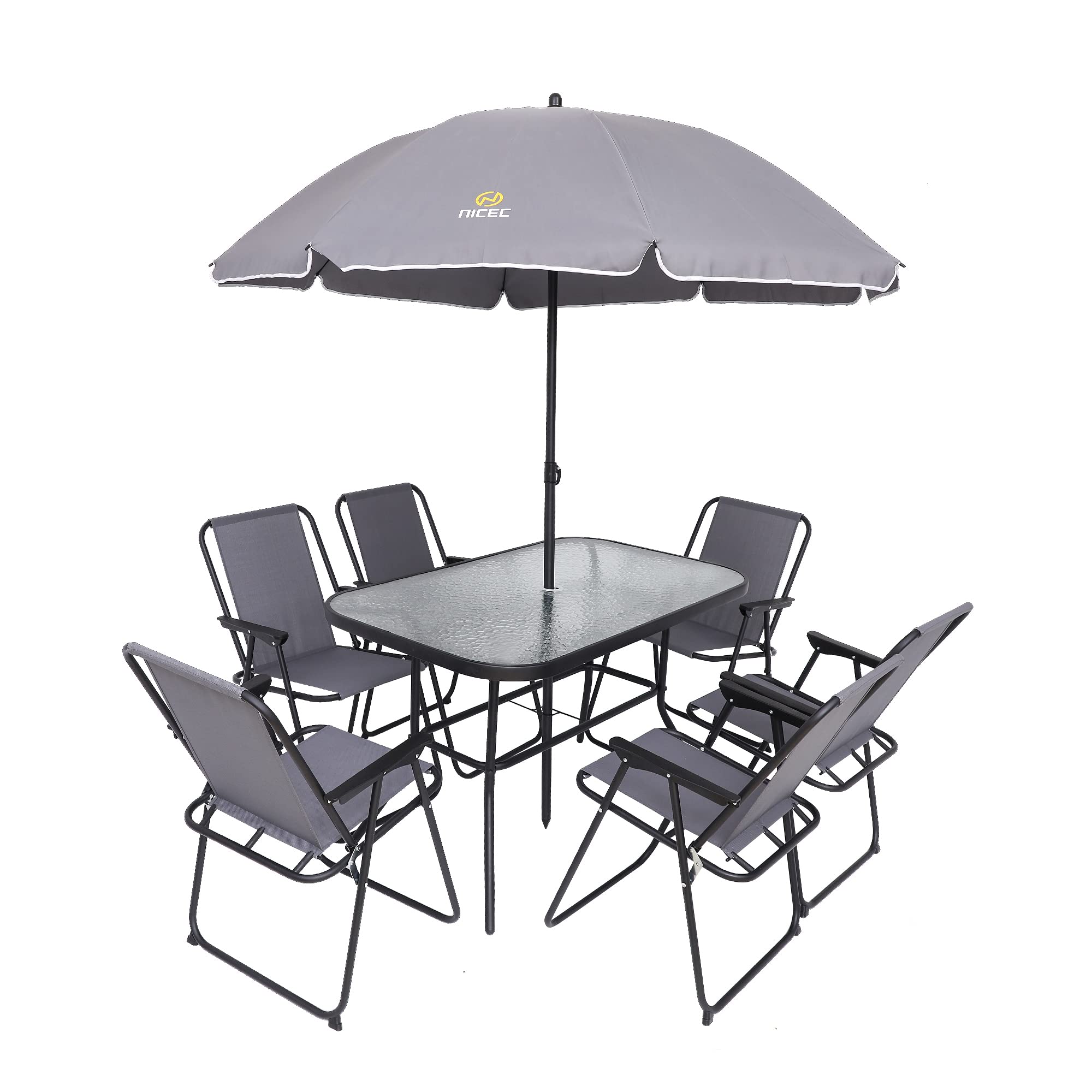Premium 8-Piece Outdoor Dining Set with Umbrella - Patio Furniture Set with Glass Table & 6 Folding Chairs (Grey) - Perfect for Garden, Backyard, Poolside & Outdoor Entertaining