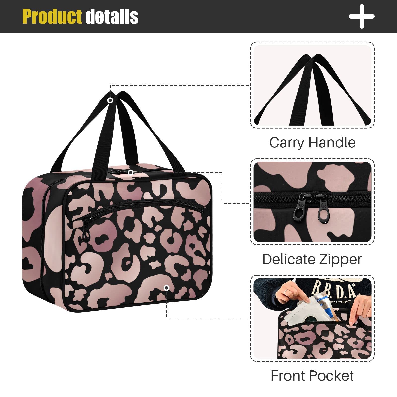 Black Rose Gold Leopard Travel Toiletry Bag for Women - Hanging Cosmetic Organizer for Makeup & Travel