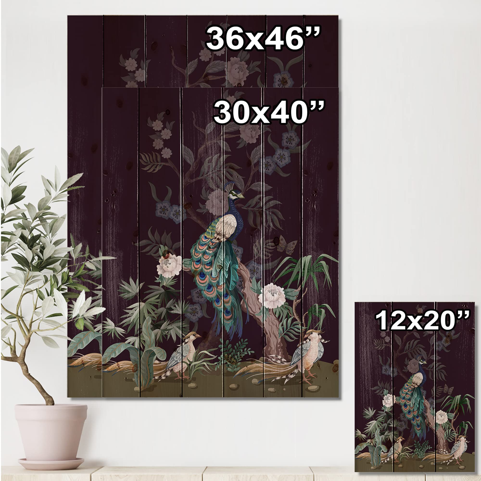 DesignQ Chinoiserie Wall Art - Traditional Black Wood Wall Decor with Birds & Peonies, Large Pine Wood Wall Panels for Living Room, Bedroom & Office Decoration