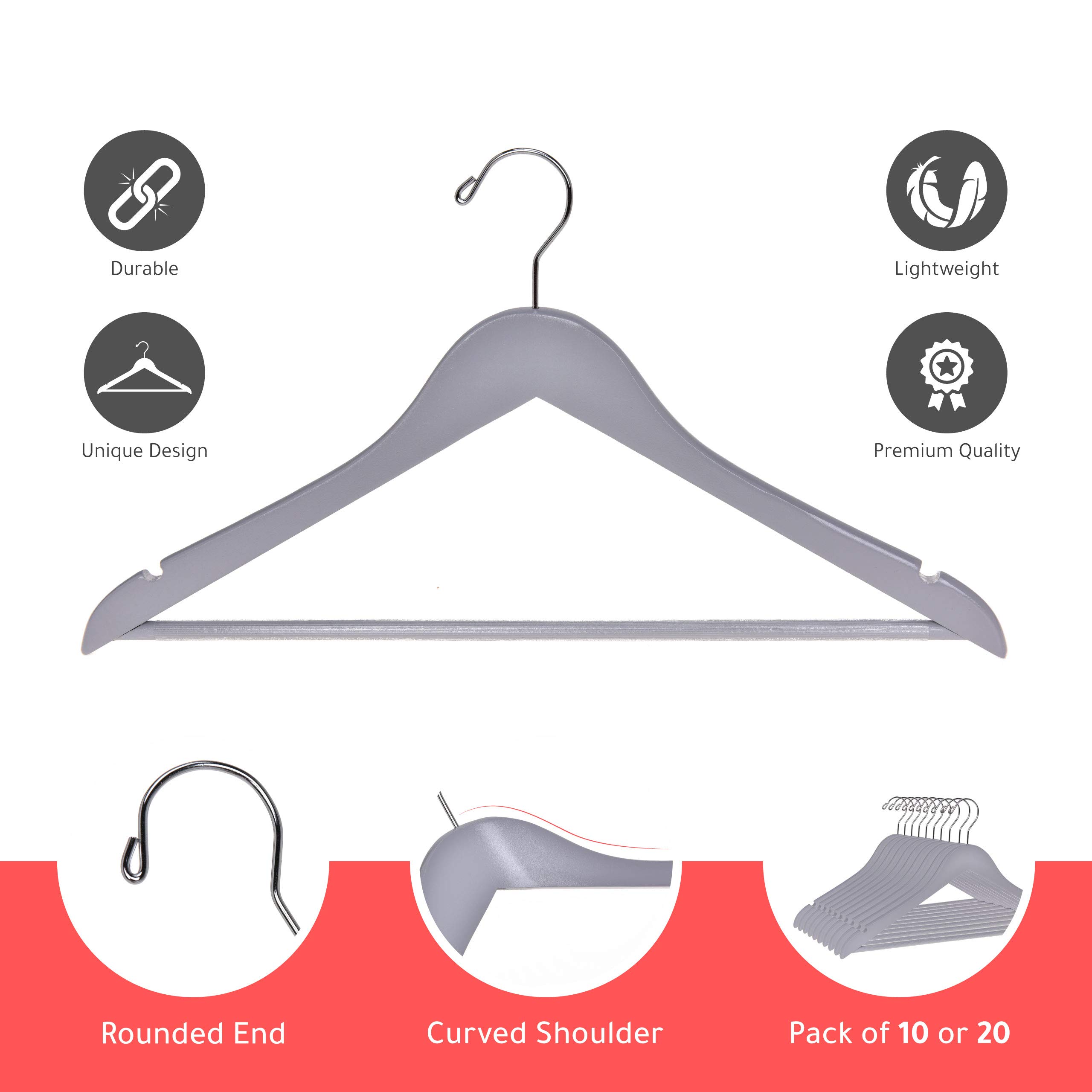 Premium Solid Wooden Hangers Set of 80 - Slightly Curved Heavy Duty Clothes Hangers with Chrome Hooks for Jackets, Shirts, Pants & Suits | Durable Gray Wood Coat Hangers for Closet Organization & Retail Display