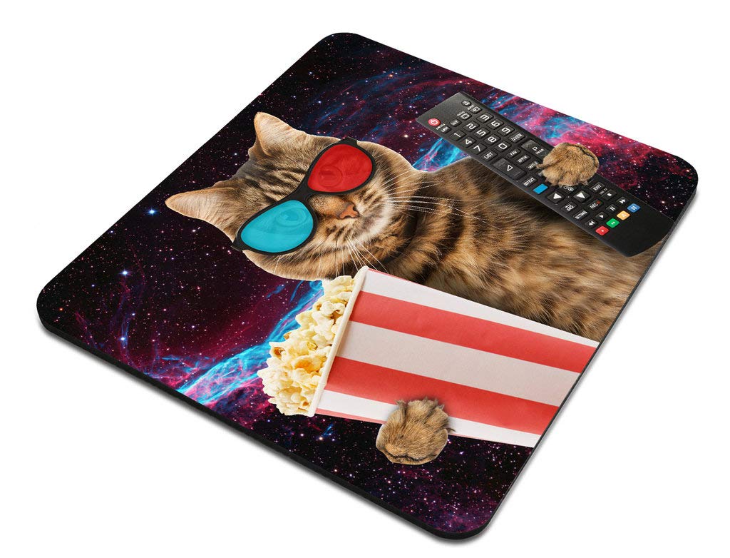 3D Glasses Cat with Popcorn Funny Mouse Pad - Non-Slip Rubber Gaming Mousepad for Computer & Laptop - Perfect for Gamers, Office Work & Cat Lovers Desk Accessories